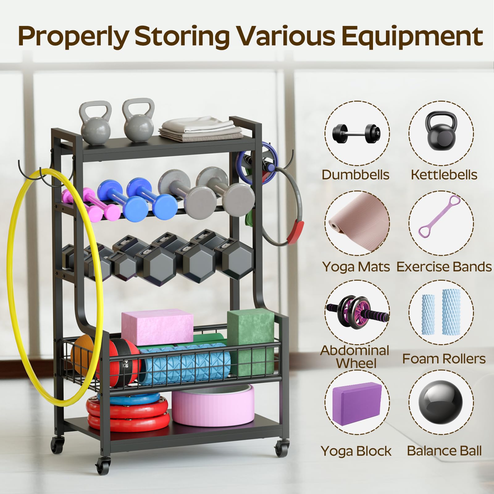 Heavy Duty Dumbbell Rack with Wheels - Adjustable Home Gym Storage Organizer for Dumbbells, Kettlebells, Yoga Mats & Foam Rollers - Space Saving Fitness Equipment with Hooks (Black YL01BK) - Perfect for Home Gym, Garage Workouts & Commercial Fitness Centers