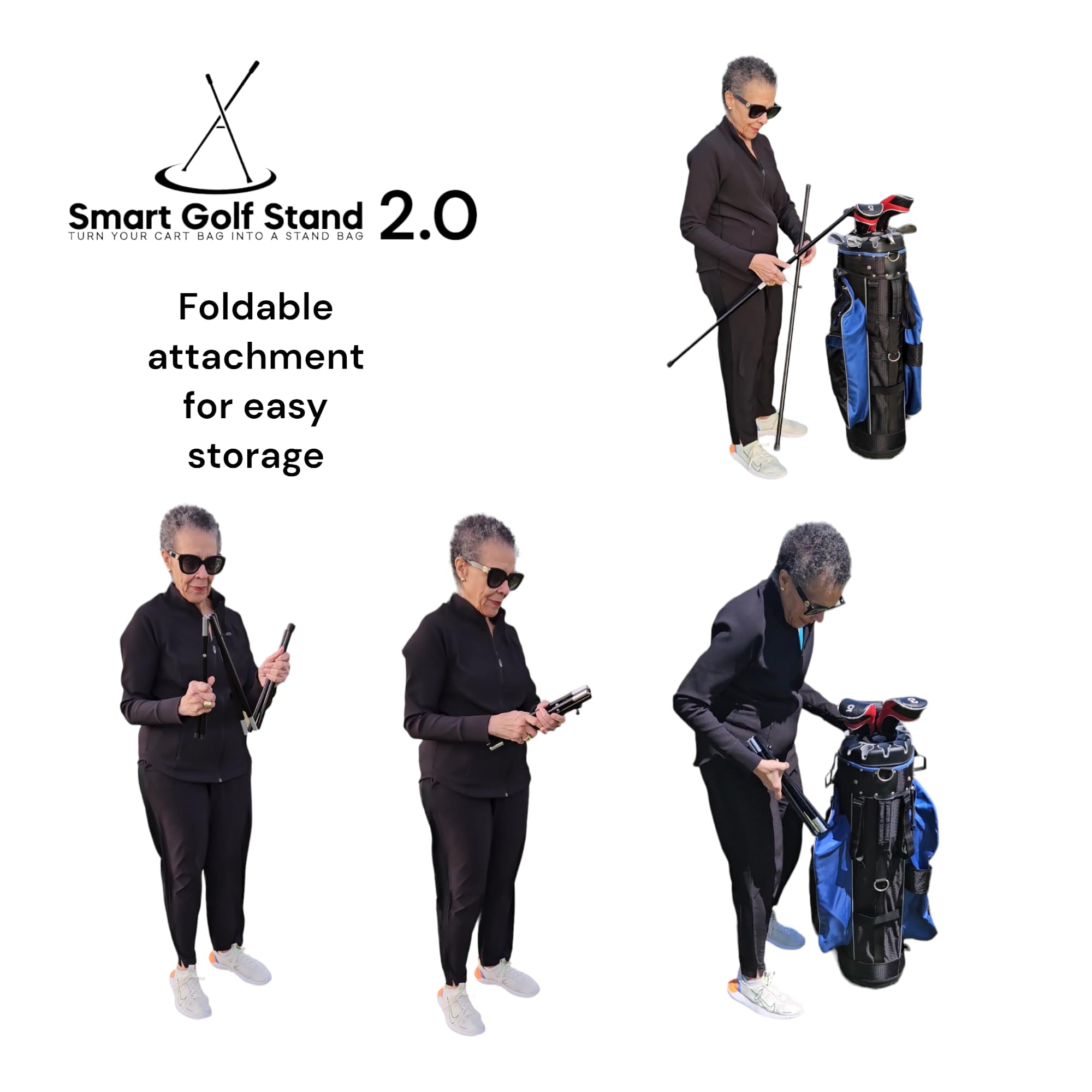 2.0 Steel Rope Cord Black Smart Golf Bag Stand - Foldable Legs Only, Lightweight & Portable Golf Stand Attachment - Golf Bag Accessories for Easy Carrying (Black-Aluminum) - Perfect for Golf Courses, Driving Ranges & Travel