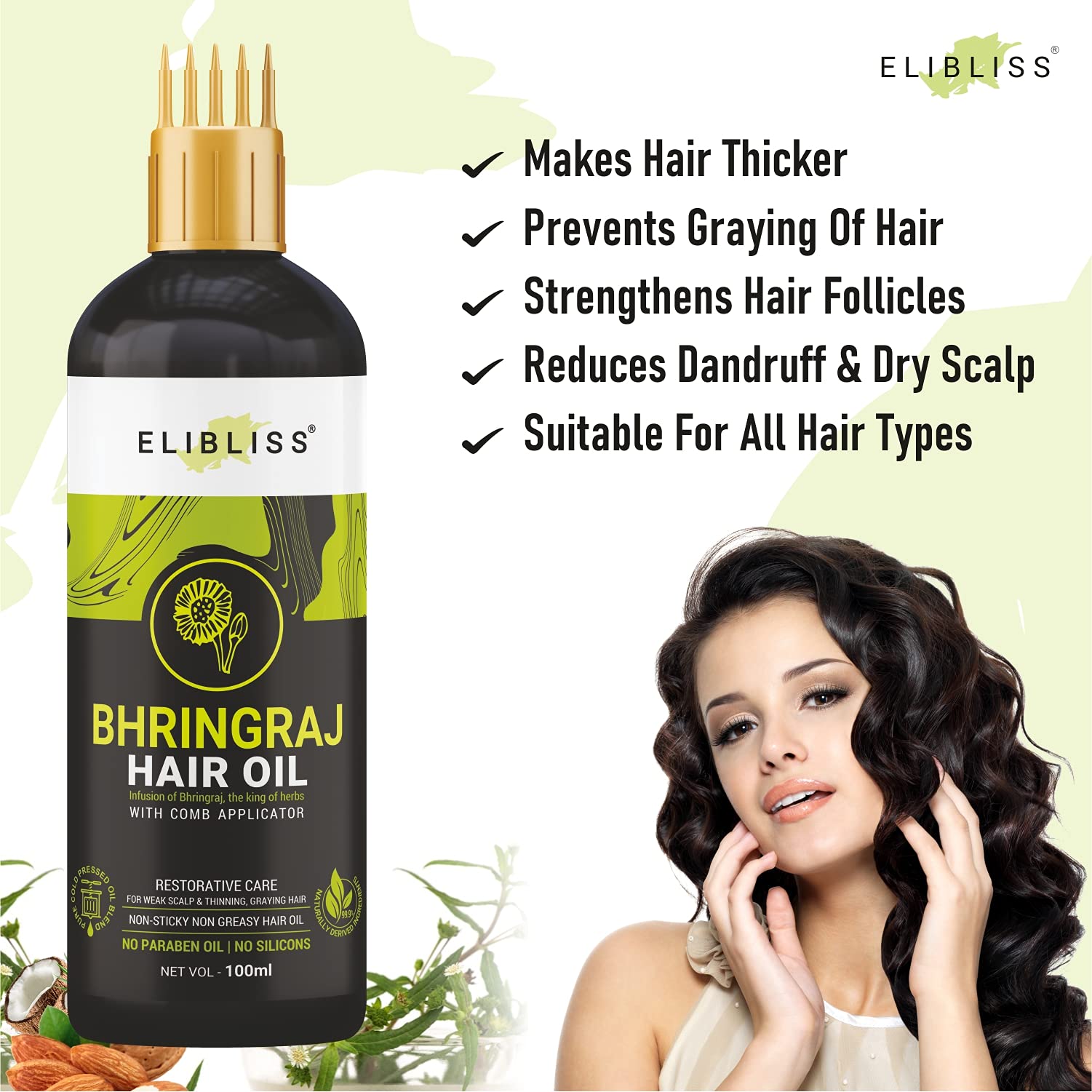 Elibliss Bhringraj Hair Oil with Comb Applicator - 100ml (Pack of 3) for Healthy, Voluminous & Smooth Hair Growth | Ayurvedic Hair Treatment for Dry Scalp, Split Ends & Hair Fall | Perfect for Daily Hair Care Routine & Scalp Massage