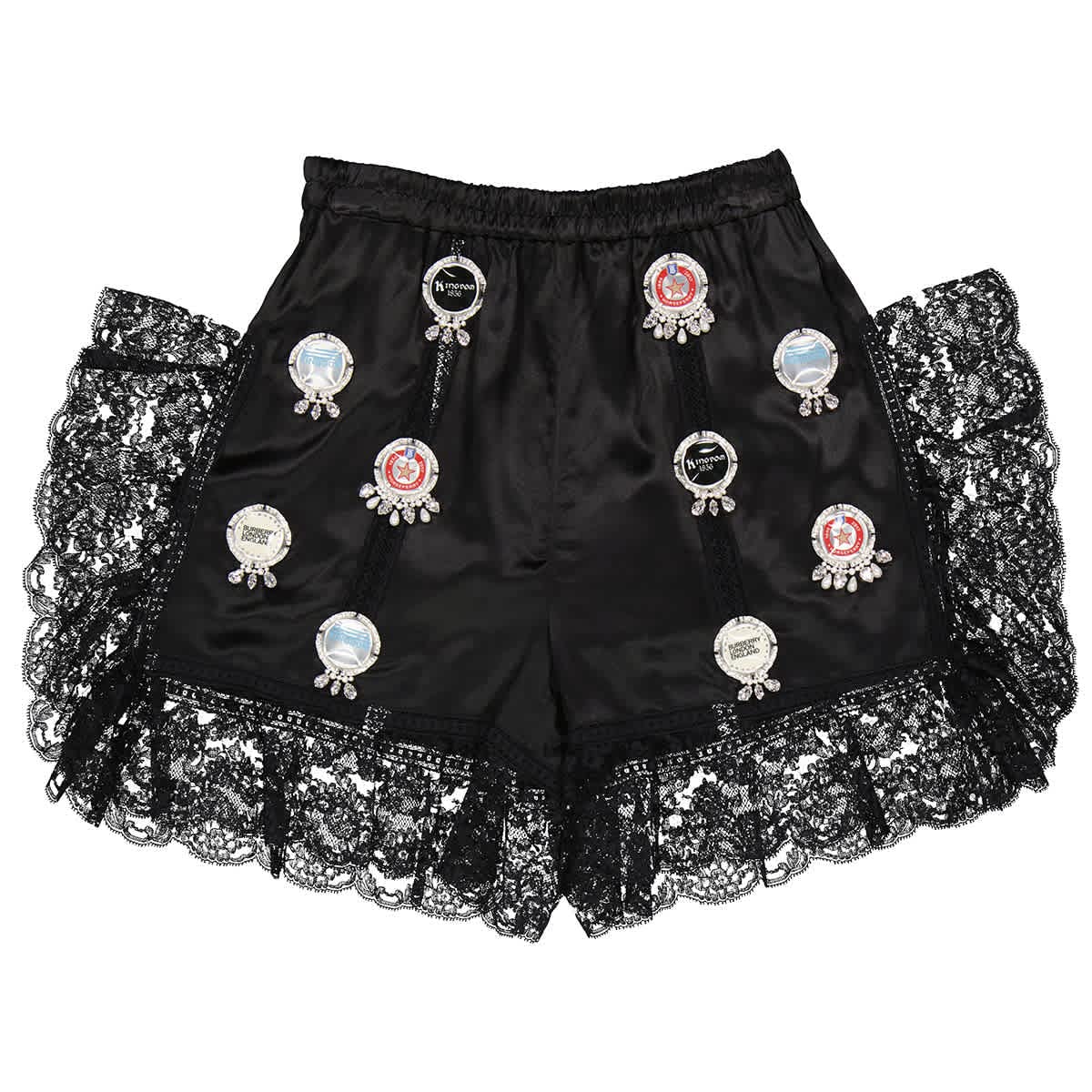 Burberry Women's Black Satin & Lace Shorts with Bottle Cap Detail | Elegant Casual Wear for Summer Outings & Parties