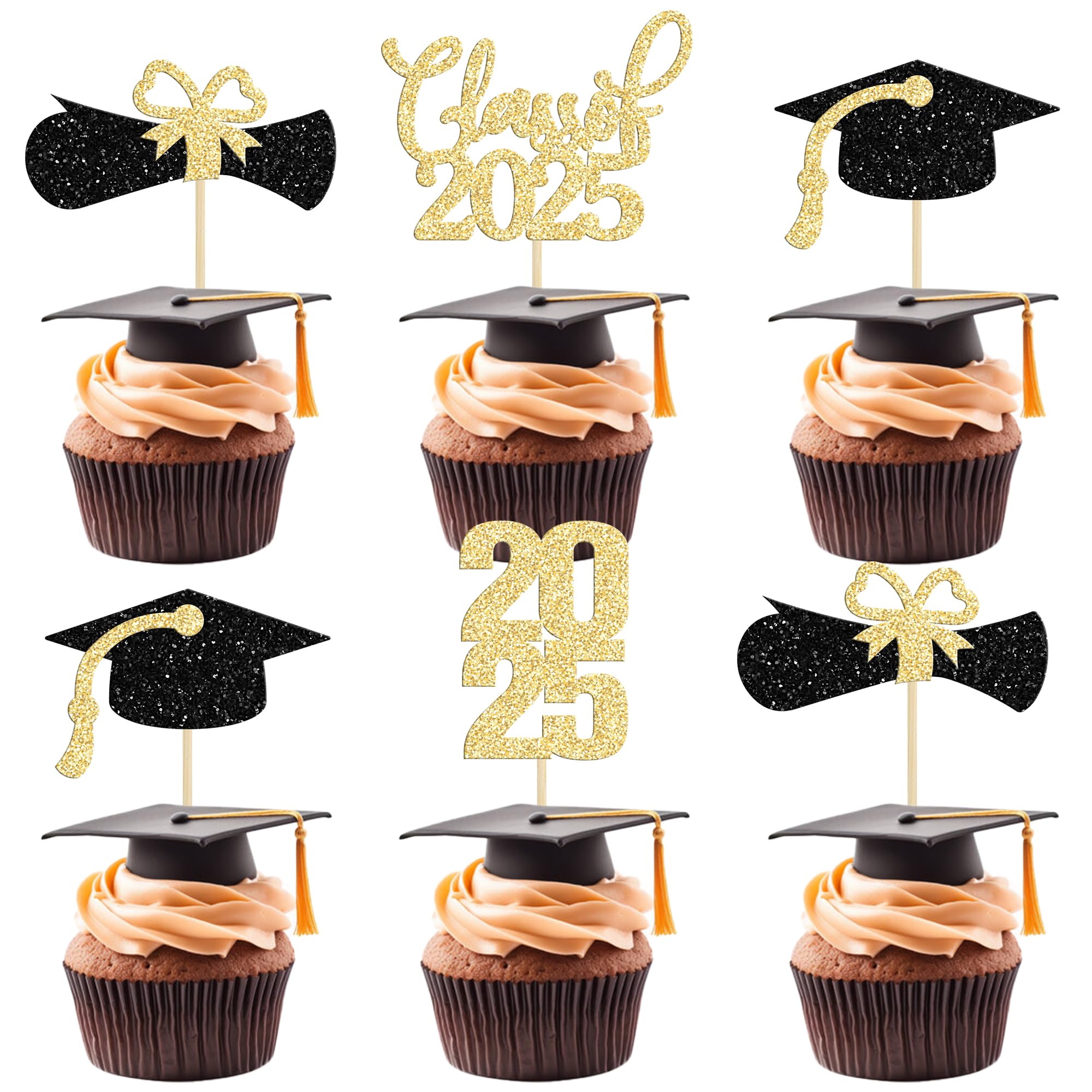 36 Pack 2025 Graduation Cupcake Toppers - Glitter Class of 2025 Cake Decorations with Graduation Cap & Diploma Picks - Gold Party Supplies for Graduation Ceremony, School Celebration & Dessert Table Decor