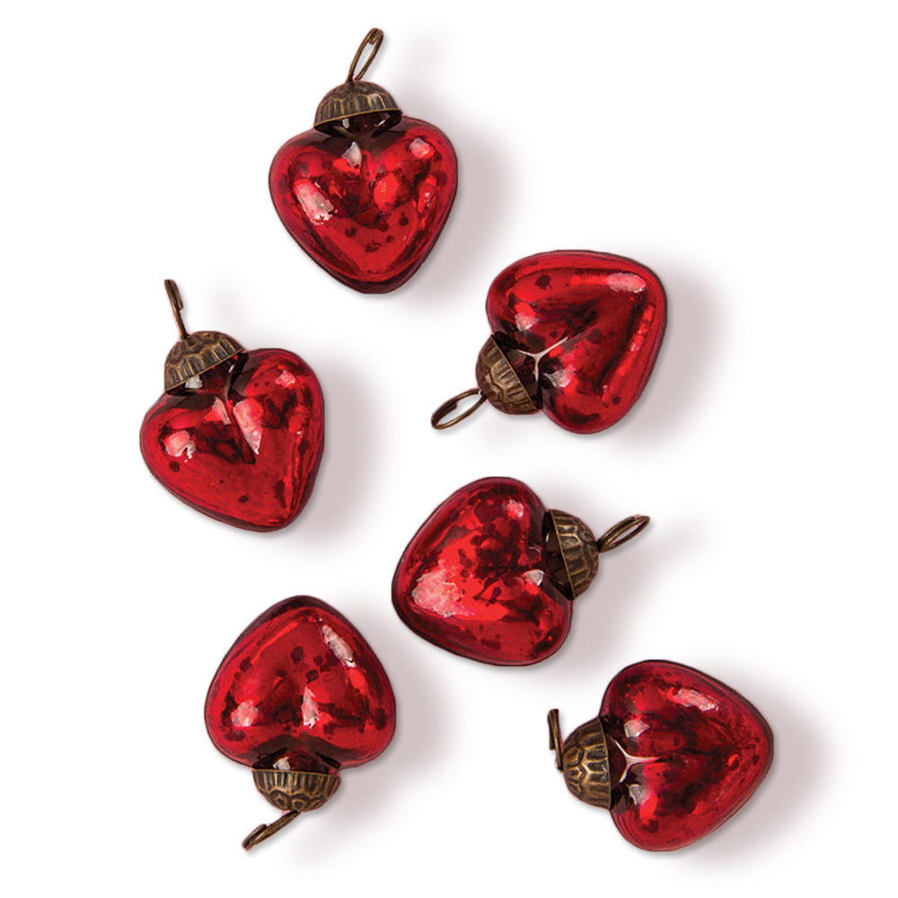 6 Pack Red Cora Mercury Glass Heart Ornaments - Elegant Christmas Tree Decorations for Holiday, Wedding, Party & Home Décor