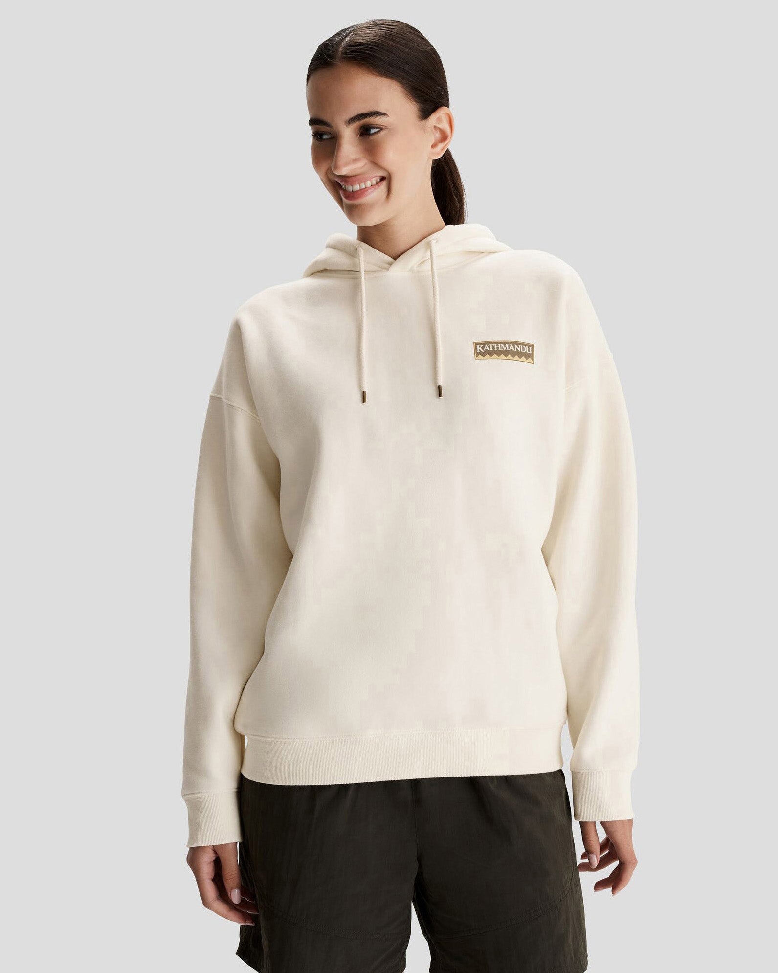 Women's Kathmandu Heritage Logo Slouchy Hoodie - Cozy Pullover Sweatshirt for Casual Wear & Outdoor Activities | Soft Fleece Loungewear in Bone Color