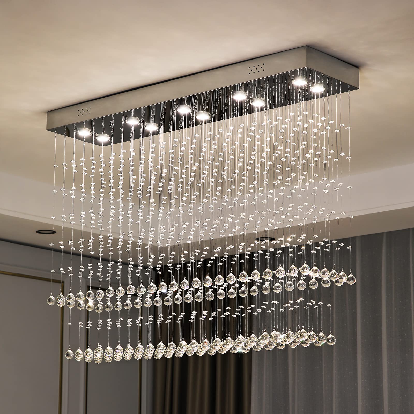 Moooni Modern Rectangular Crystal Chandelier - 10-Light Raindrop Pendant Ceiling Light Fixture for Dining Room, Foyer, Kitchen (47