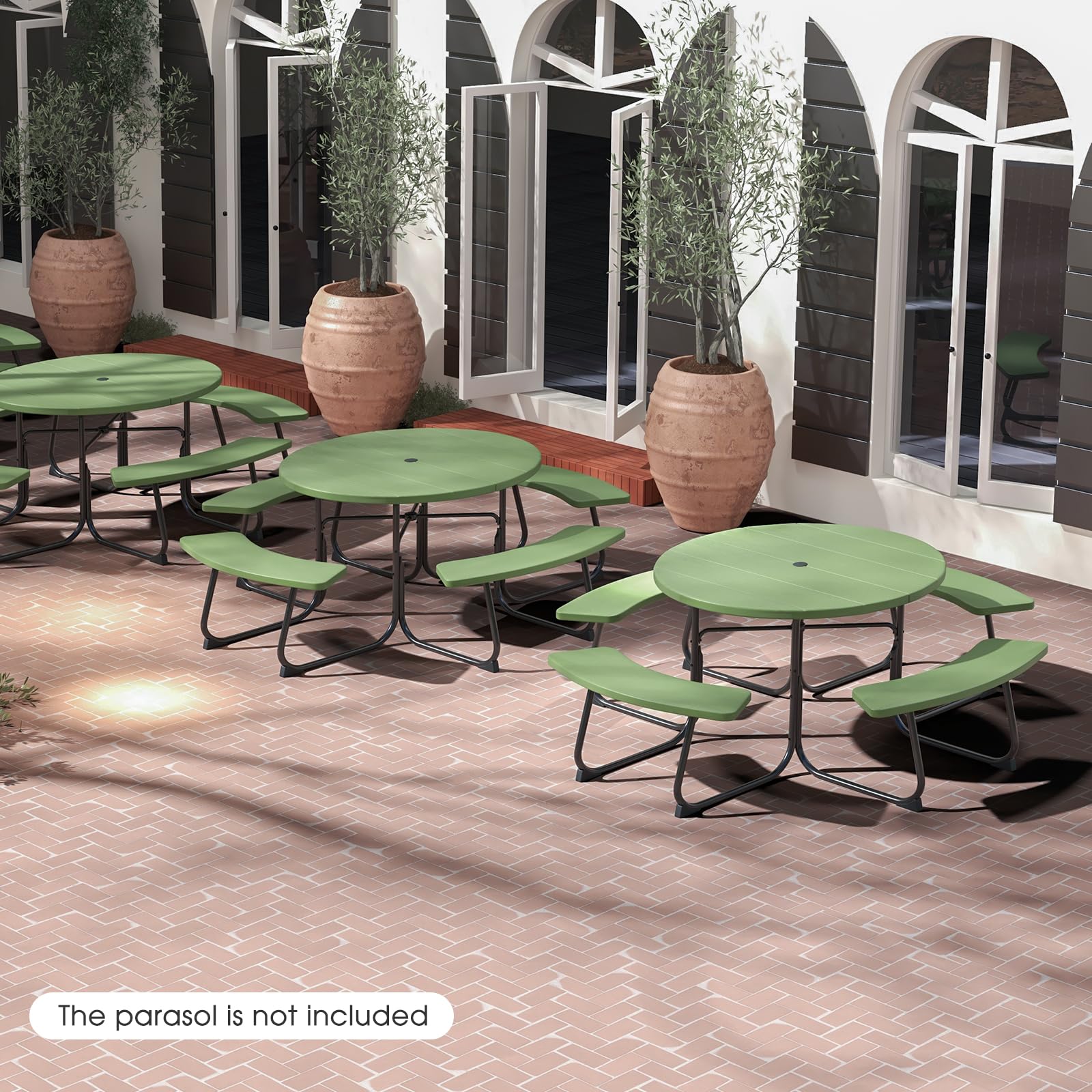 Giantex 8-Person Round Outdoor Picnic Table Set with Umbrella Hole - HDPE Top & Sturdy Metal Frame, 2000LBS Capacity - Patio, Deck, Backyard, Garden Furniture (Green) | Perfect for Family Gatherings, BBQs, and Outdoor Dining