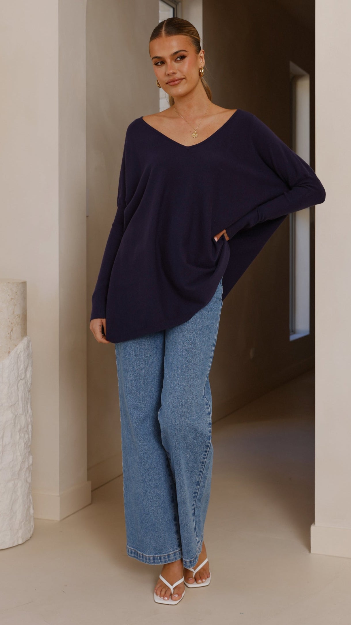 Amalia Knit Top for Women - Soft & Comfortable Navy Blue Crewneck T-Shirt - Perfect for Casual Wear, Layering & Everyday Outfits