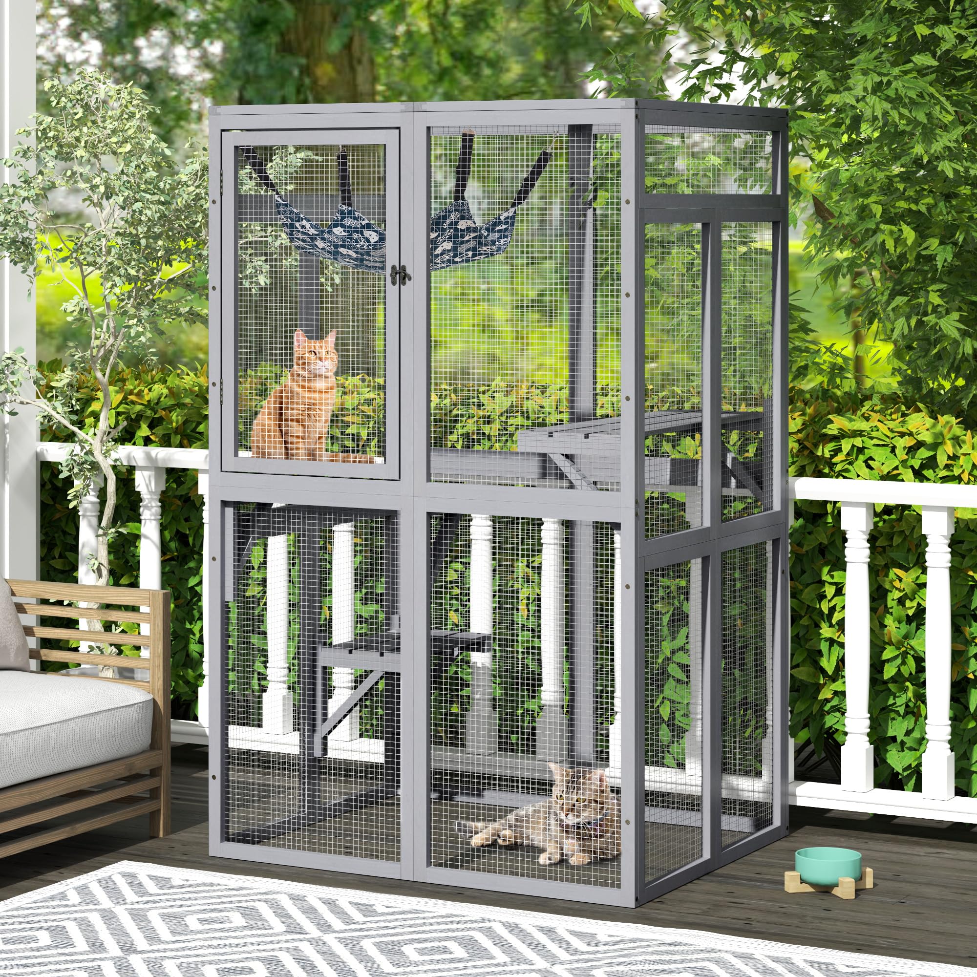 Outdoor Wooden Cat Enclosure - Grey Catio with Window Access for Patio & Indoor Kitty House | Perfect for Backyard, Balcony & Home Use