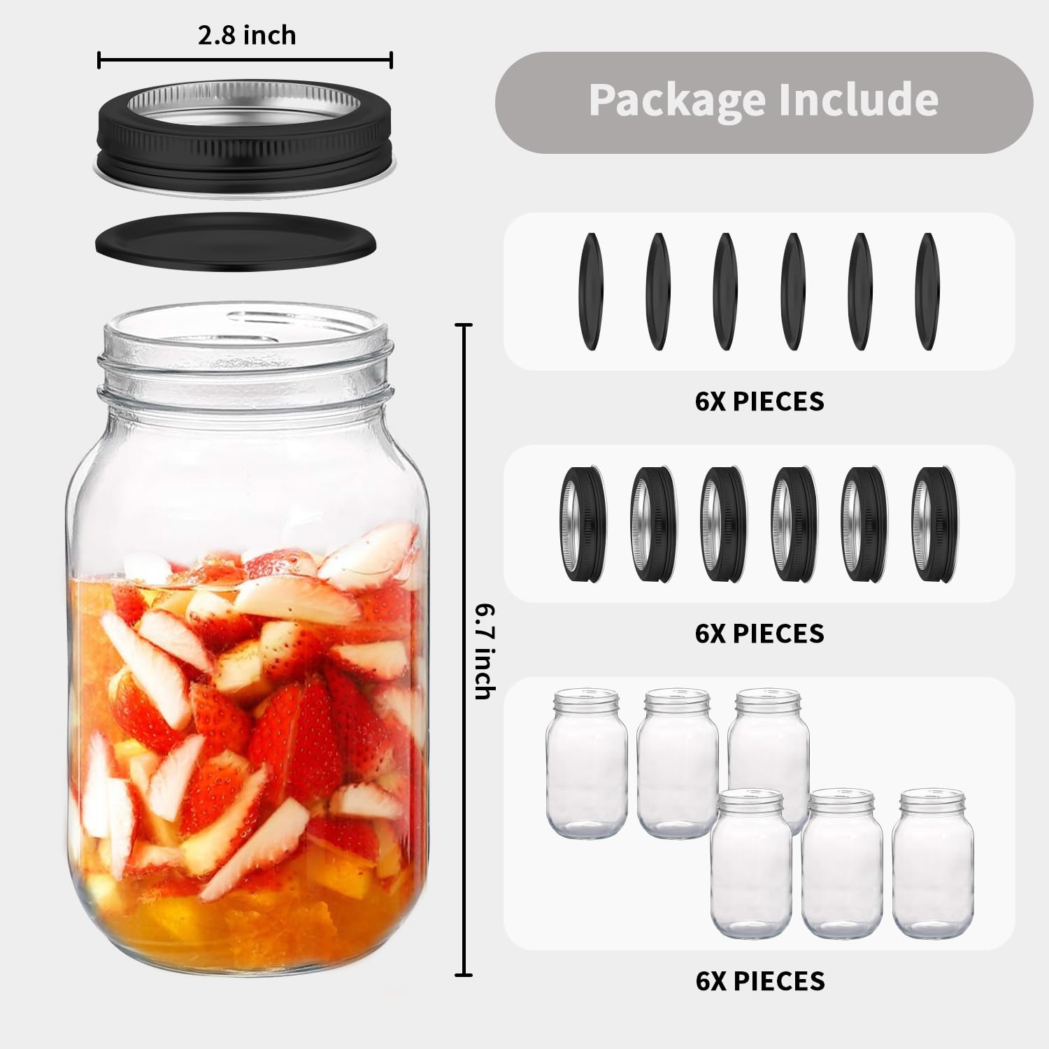 32oz Clear Plastic Mason Jars with Airtight Lids - 6 Pack Black Food Storage Containers for Kitchen, Pantry Organization, Dry Goods, Spices & DIY Crafts | BPA-Free Leakproof Jars