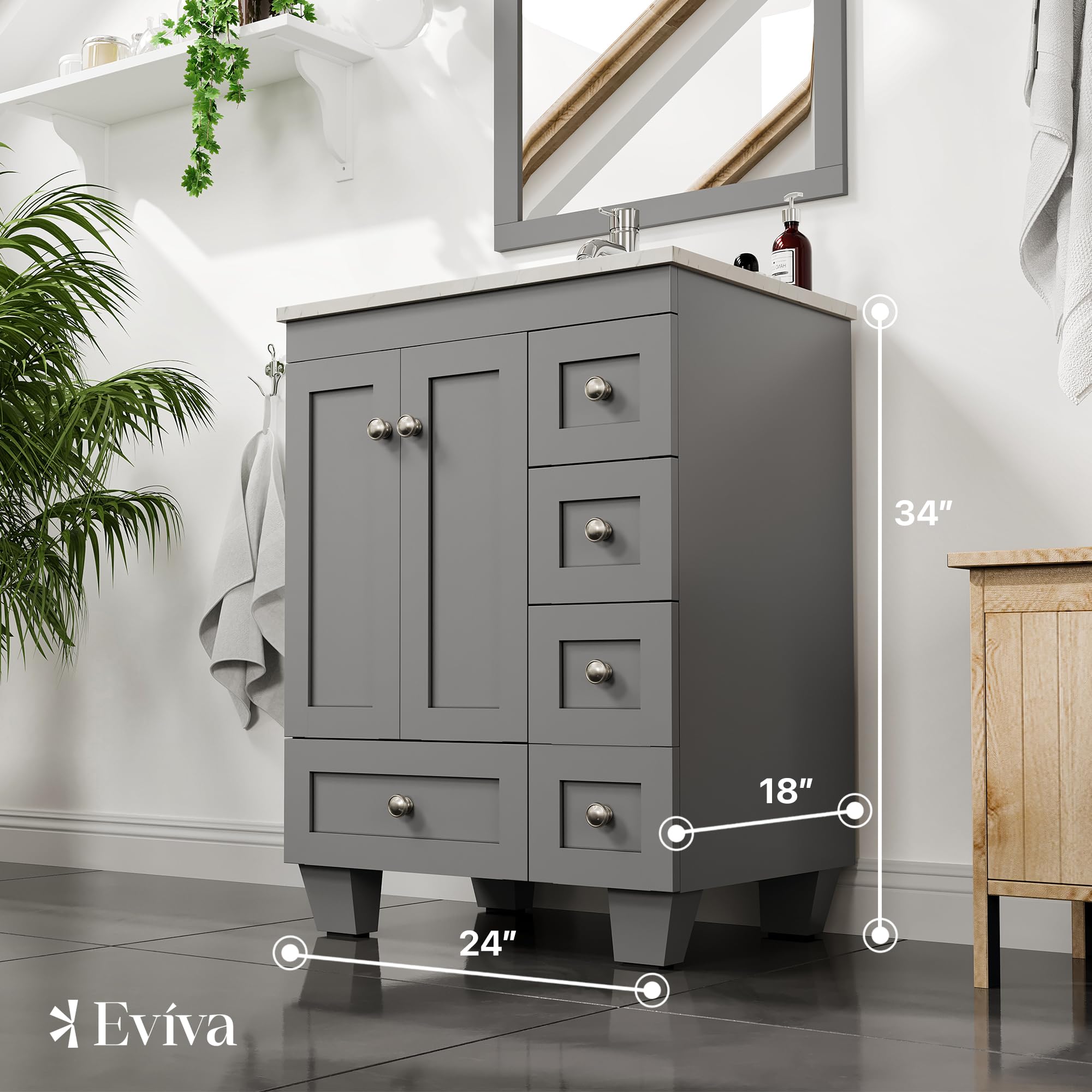 Eviva Happy 24 Inch Bathroom Vanity Set with Quartz Countertop & Porcelain Sink - Grey Small Bathroom Cabinet for Modern Spaces | Perfect for Powder Rooms, Guest Baths & Compact Master Bathrooms