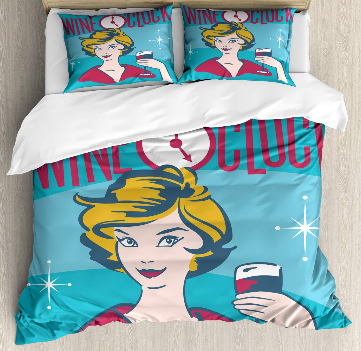 Ambesonne Wine Themed Duvet Cover Set - 3 Piece Bedding with 2 Pillow Shams, California King Size, Retro Wine Drinking Portrait Design in Magenta Blue & Yellow | Perfect for Wine Lovers' Bedroom Decor, Gift for Women, Cheers-Themed Home Accessories