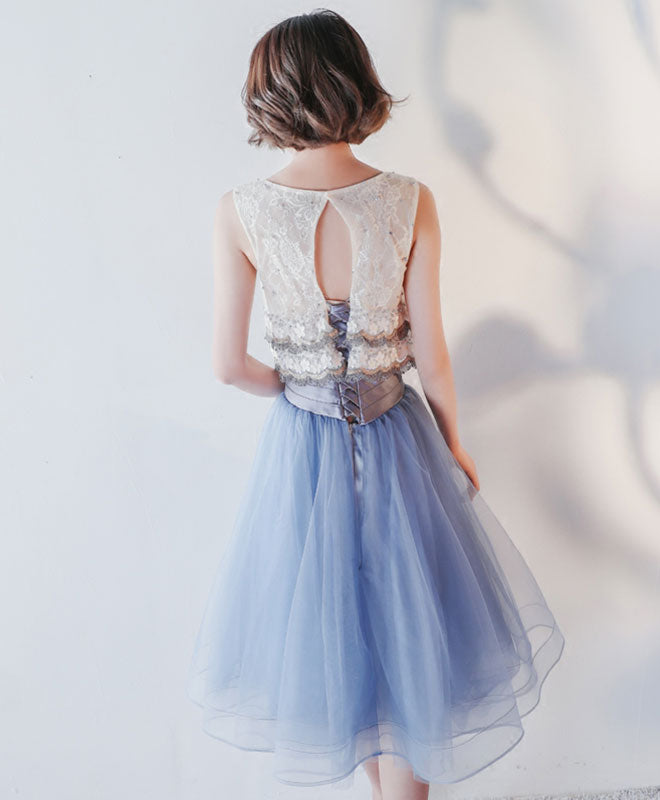 Elegant Blue Lace Tulle Knee-Length Prom Dress | Homecoming Ball Gown | Perfect for Formal Dances, Weddings & Special Occasions
