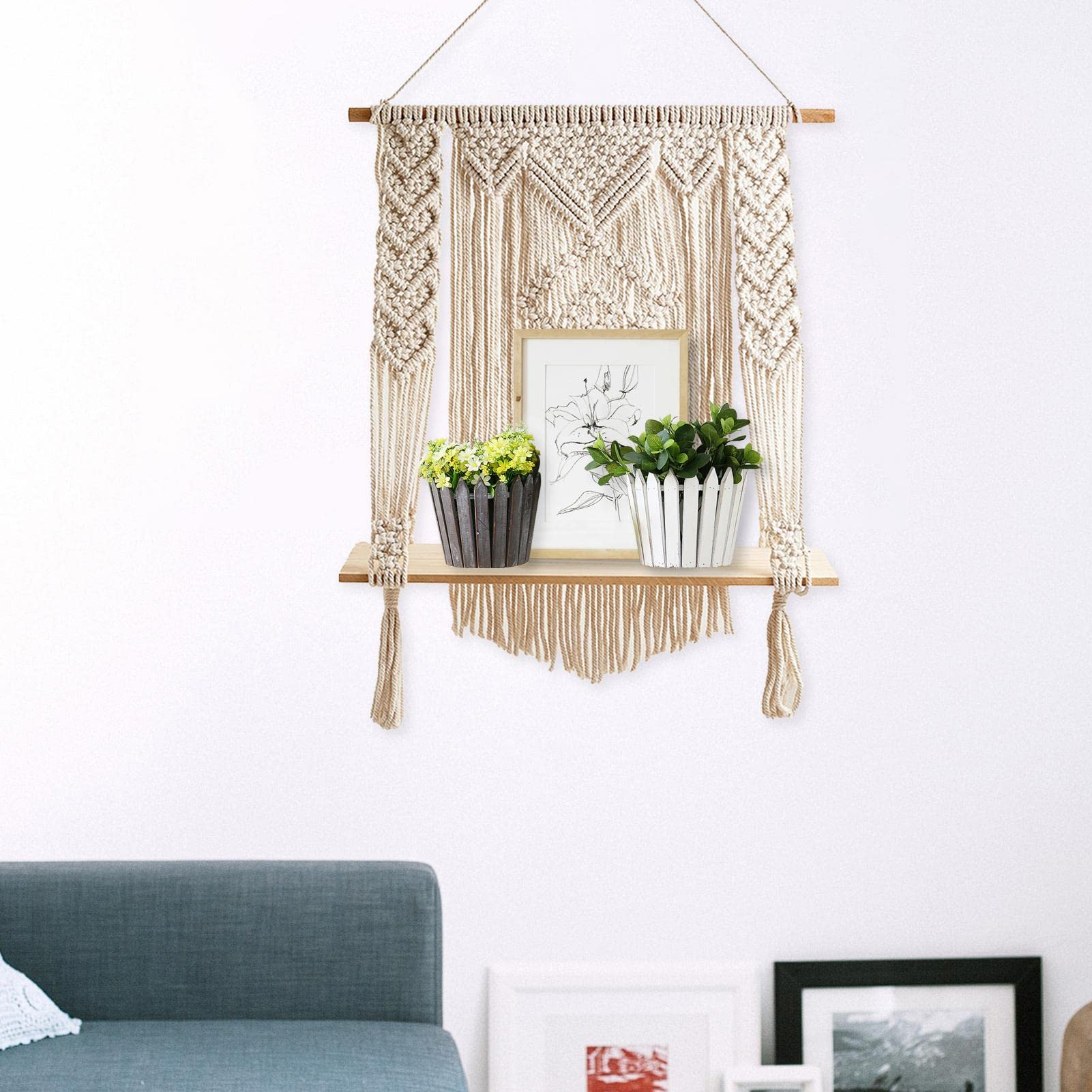 MGUOTP 3-Piece Macrame Wall Shelf Set - Bohemian Woven Wood Floating Shelves with Tassels | Handmade Home Decor for Bedroom, Living Room & Office Organization | Beige Wall Hanging Art Display (10 Pcs)