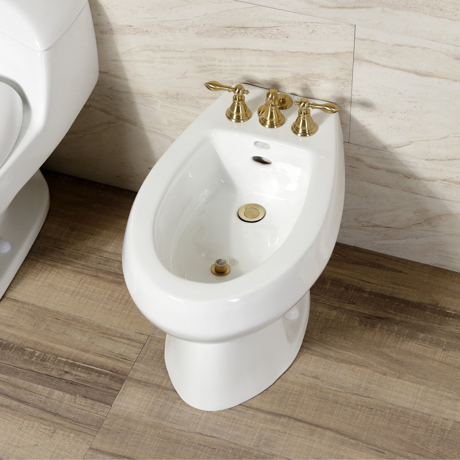 KB327ACL Brushed Brass 3-Handle Deck Mount Bidet Faucet with Vertical Spray & Brass Pop-Up - Perfect for Modern Bathrooms, Powder Rooms & Luxury Home Upgrades