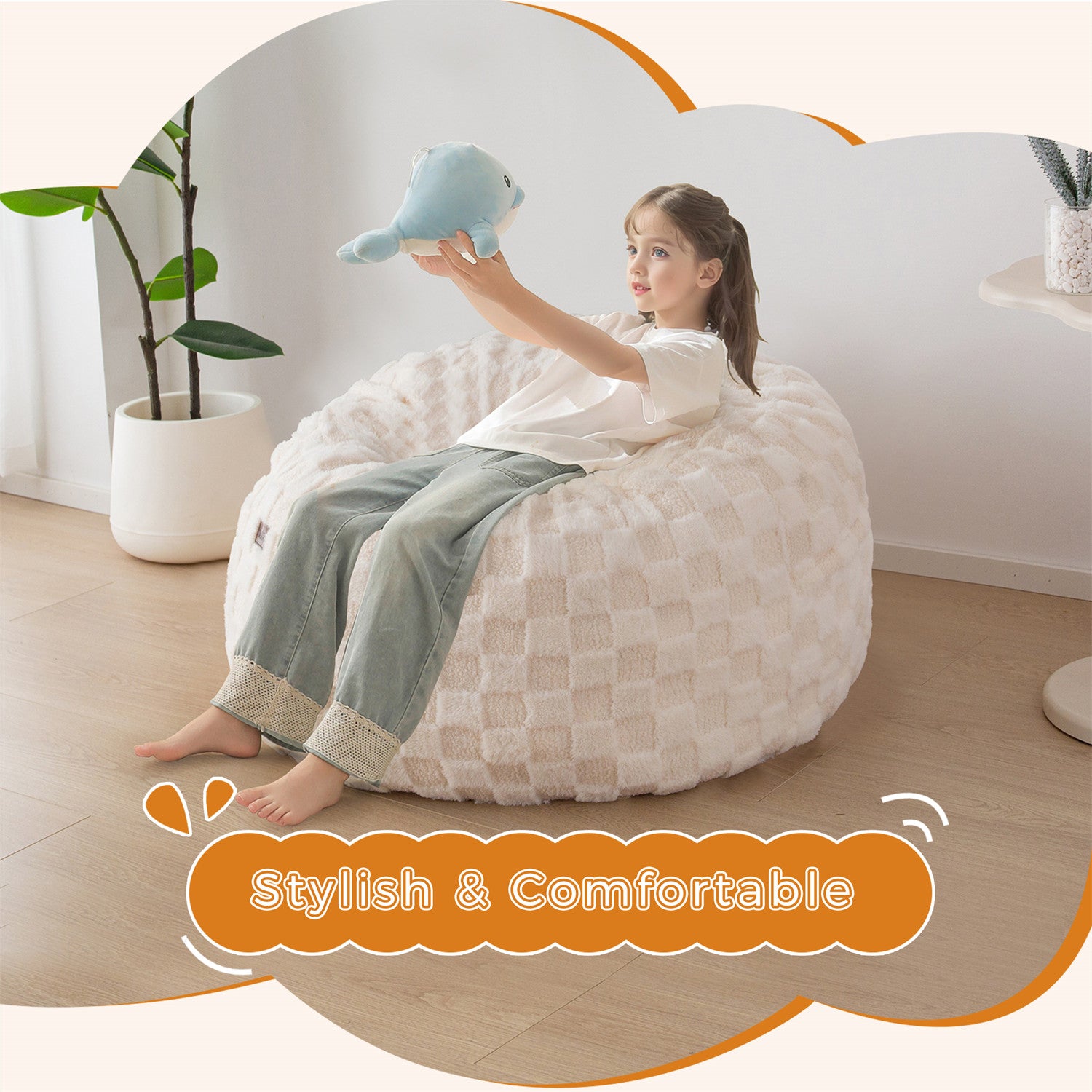 MAXYOYO Kids Bean Bag Bed - Convertible Bean Bag Chair to Bed with Soft Jacquard Shaggy Plush & Removable Plaid Beige Cover | Perfect for Kids' Room, Playroom & Sleepovers