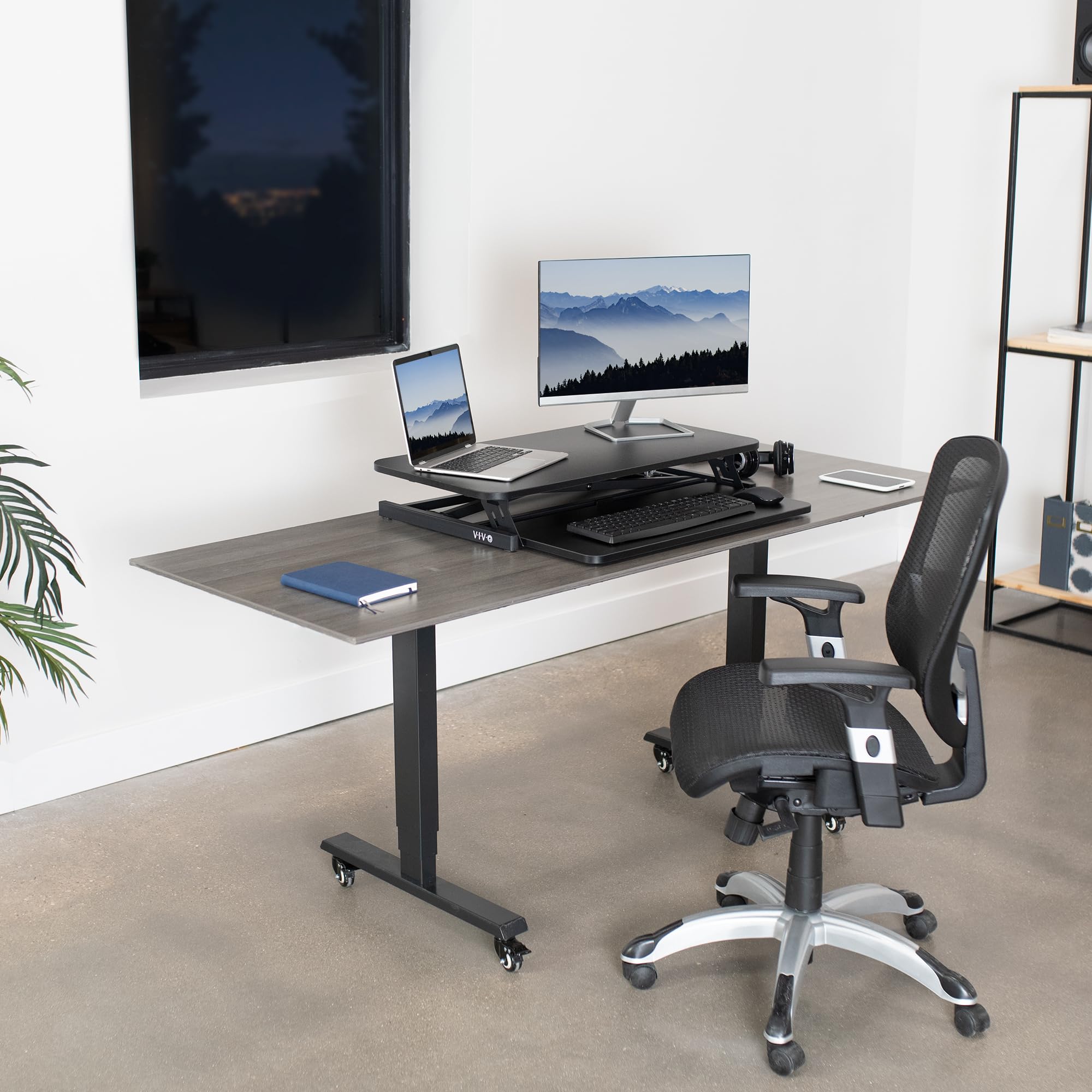 VIVO 32 Inch Adjustable Height Stand Up Desk Converter - Quick Sit to Stand Workstation with Dual Monitor Riser, Black (DESK-V000S) - Perfect for Home Office, Gaming & Ergonomic Workspace Setup