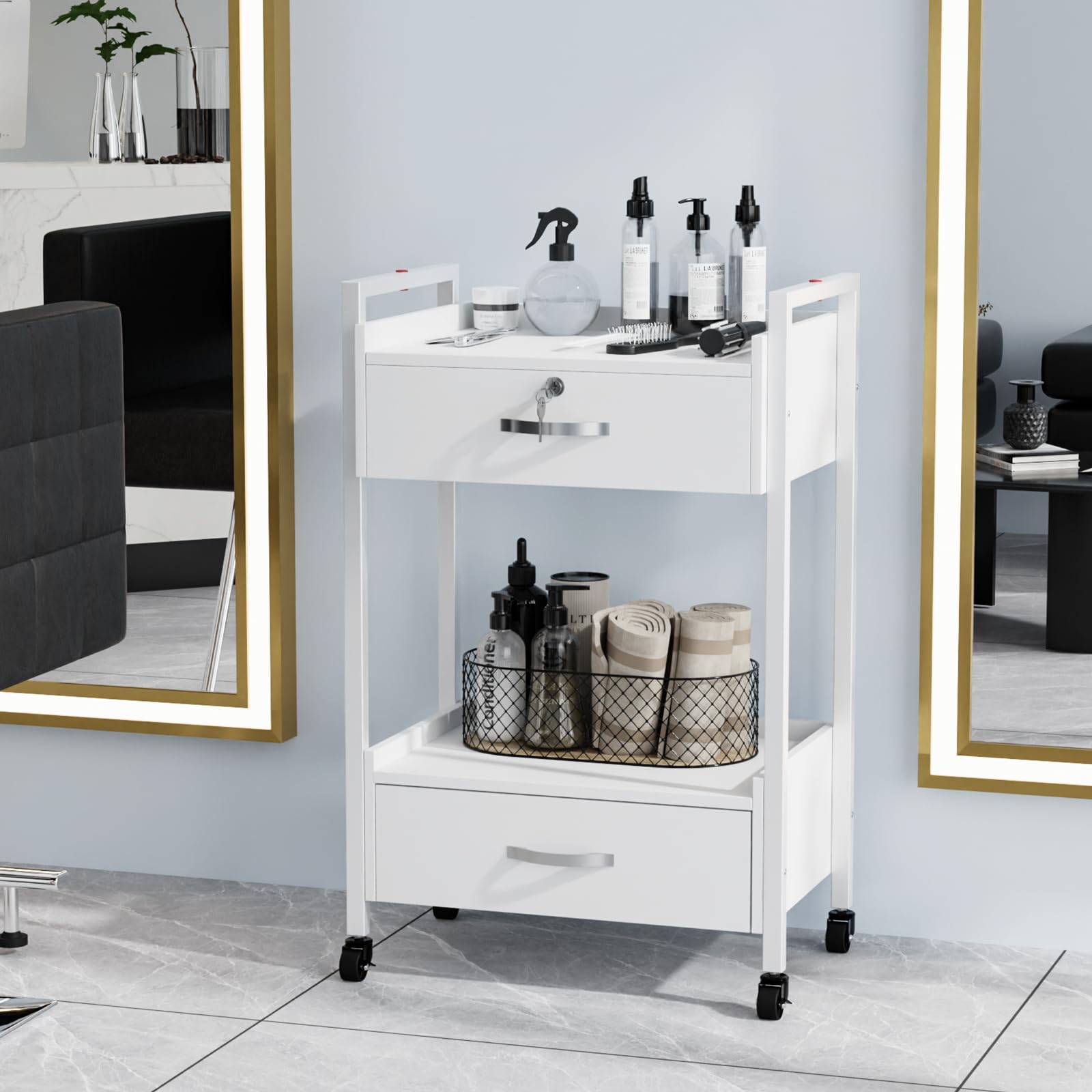 OmySalon Professional Salon Trolley Cart with Wheels - 2 Drawers & 2 Trays Mobile Storage Organizer for Beauty Spa, Massage, Tattoo & Facial Tools - White | Perfect for Estheticians, Salon Professionals & Home Beauty Stations
