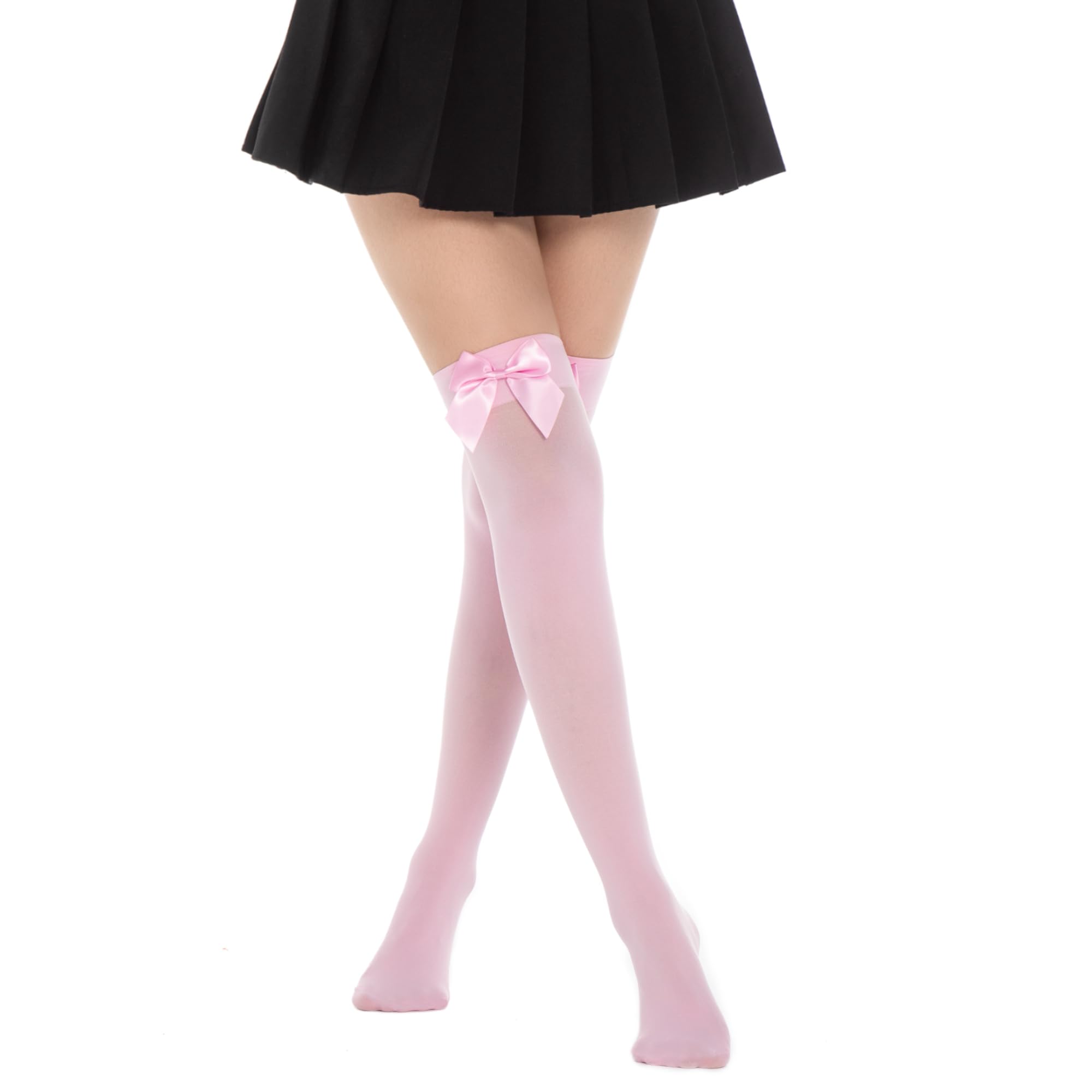2024 Women's White Thigh High Stockings with Satin Bows - Anti-Slip Knee High Socks Tights for Party, Cosplay & Winter Outfits