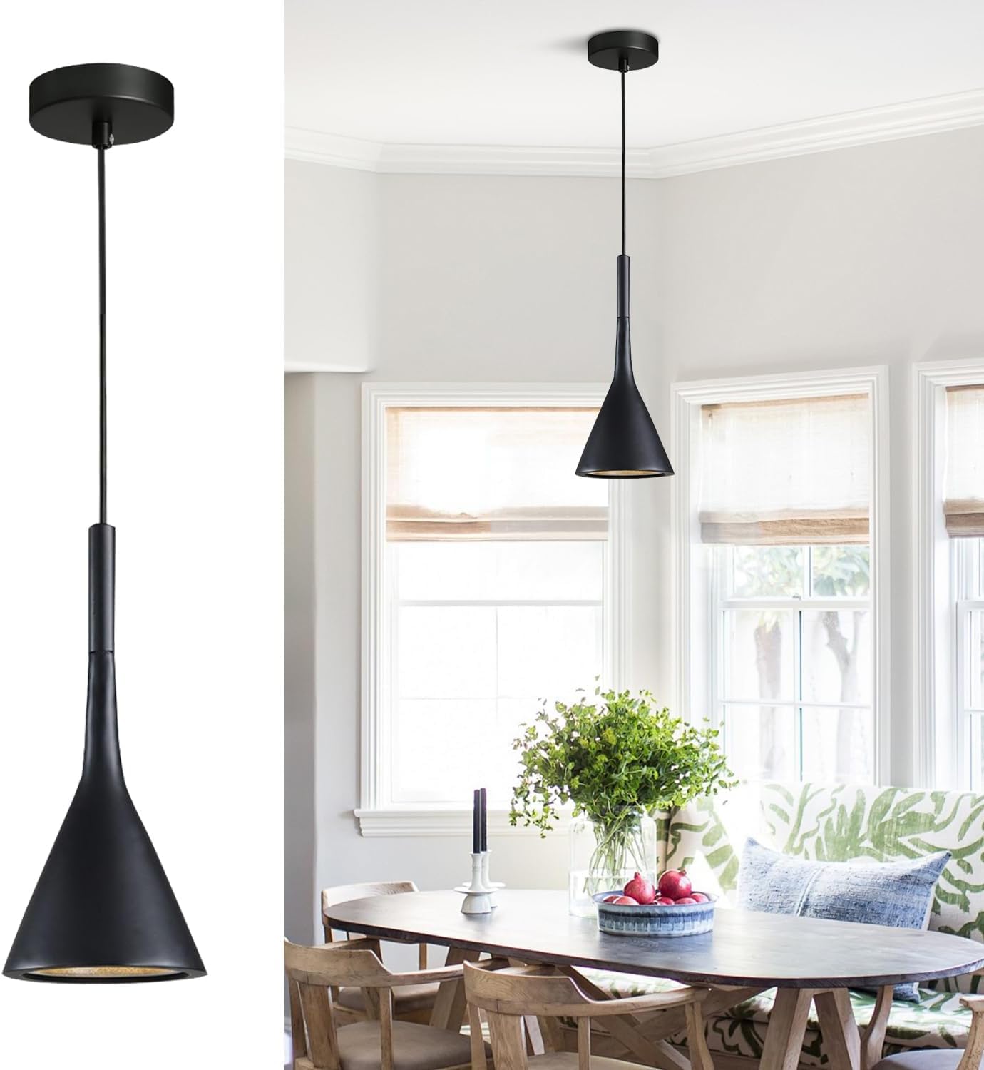 KCO Lighting Farmhouse Black Cone Pendant Light - 1-Light Small Industrial Kitchen Island Hanging Lamp - Adjustable Mini Ceiling Fixture for Mid Century Modern Dining Room, Bar Counter & Barn Decor