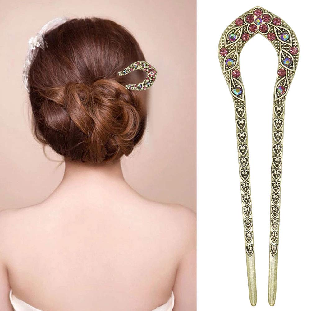 2 Pcs Vintage Crystal Rhinestone Hair Sticks - Double Prong Hair Pins for Chignon, Updo & Bun Hairstyles - Perfect for Weddings, Parties & Special Occasions