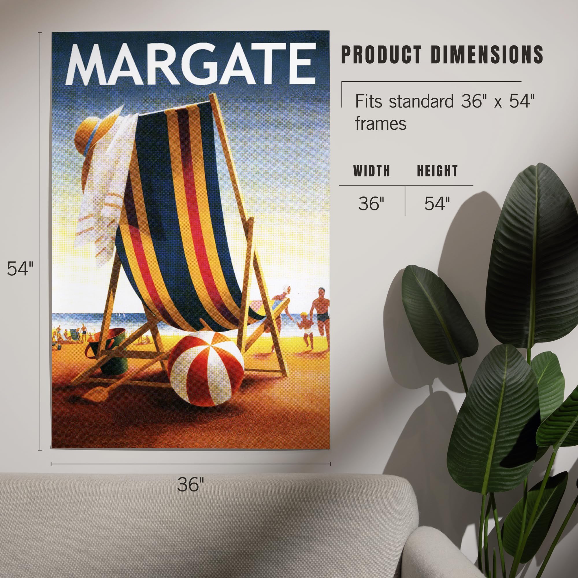 Lantern Press 36x54 Inch Premium Giclee Art Print - Coastal Wall Decor Featuring Margate New Jersey Beach Scene with Chairs & Ball | Perfect for Living Room, Bedroom or Beach House Decor