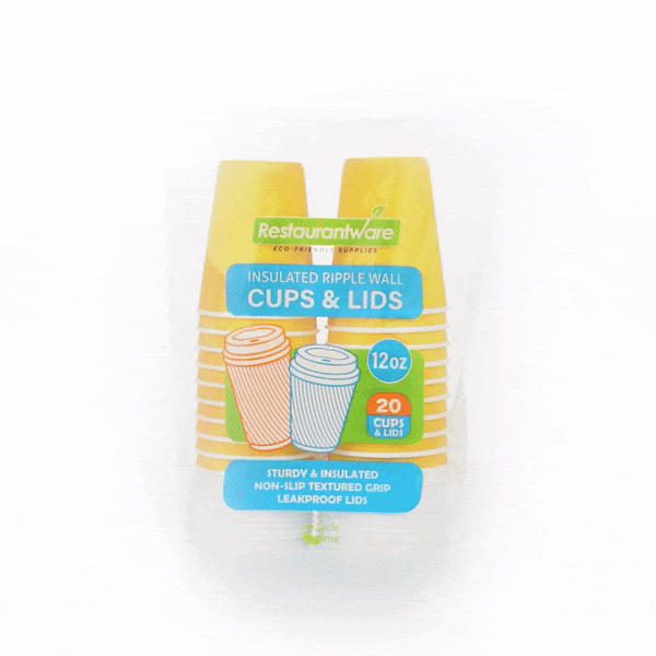 12 oz Yellow Paper Ripple Wall Coffee Cups with White Lids - 20 Count Box (3.5