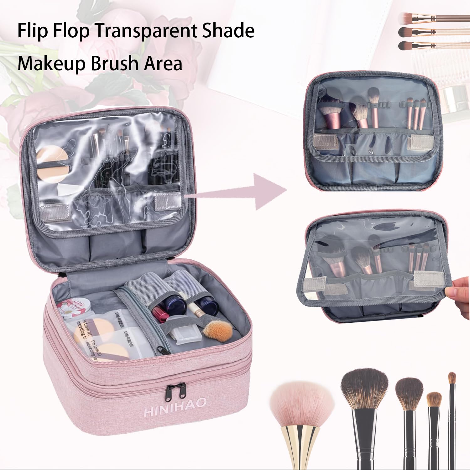 Portable Travel Makeup Bag with Handle & Adjustable Dividers - Double Layer Cosmetic Organizer with Brush Storage - Pink Small Makeup Pouch for Women | Perfect for Travel, Gym & Daily Beauty Essentials