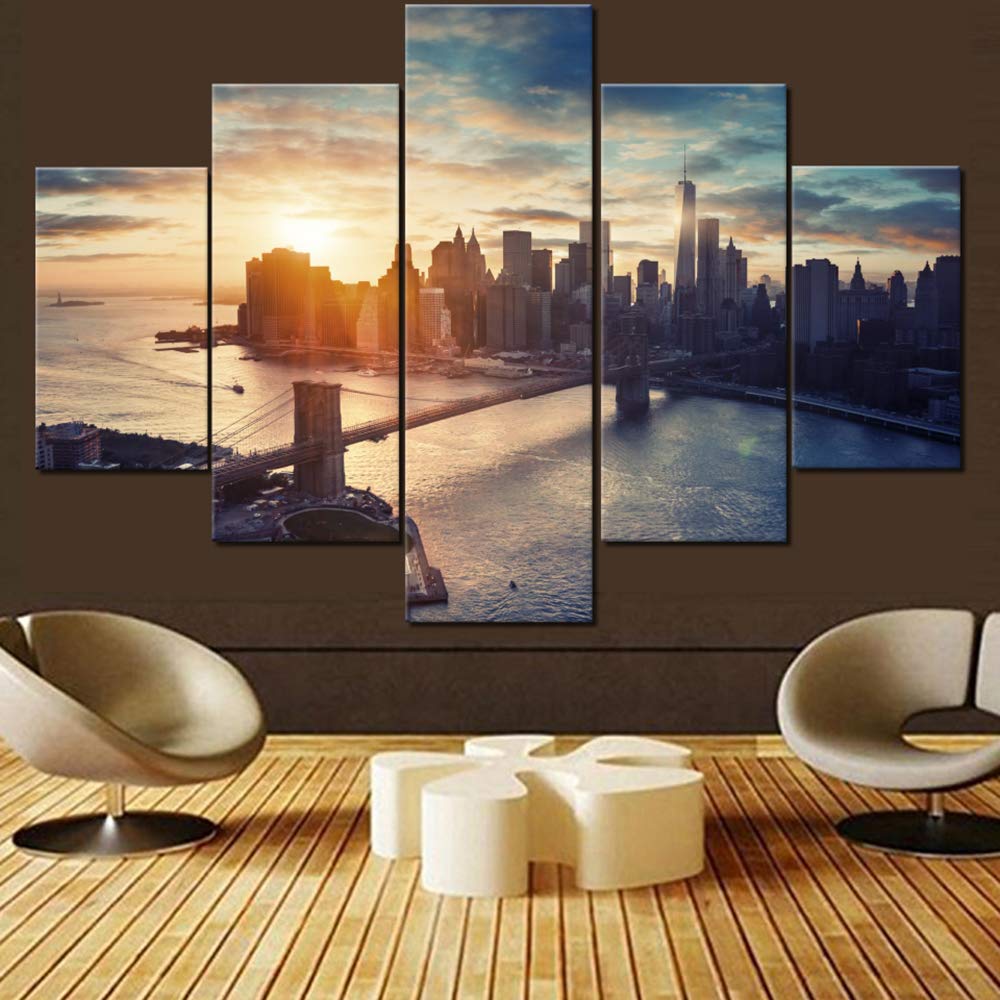 5-Piece Multi Panel Canvas Wall Art - Brooklyn Bridge & Manhattan Cityscape Paintings, Contemporary Framed Ready to Hang Home Decor (60''W x 40''H) - Perfect for Living Room, Bedroom & Office Wall Decor