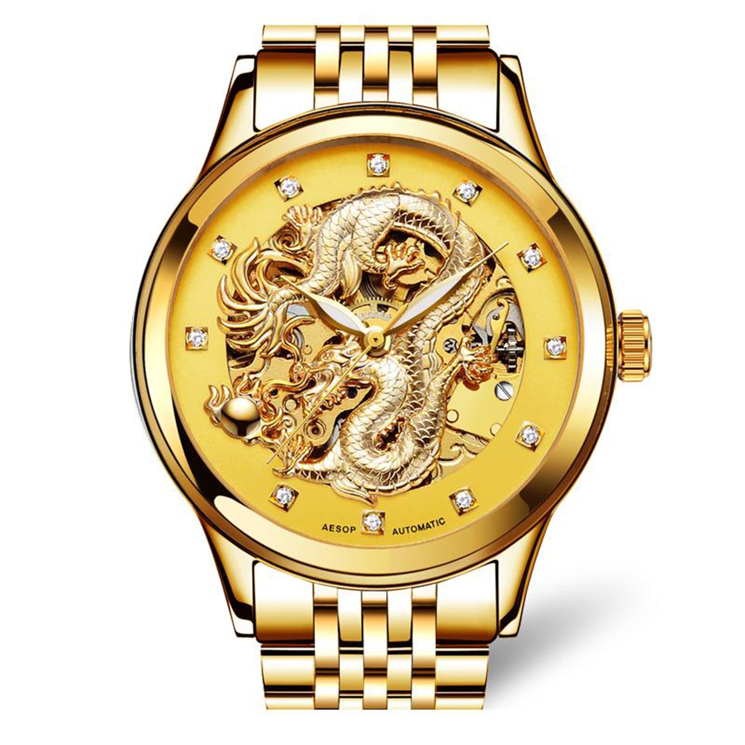 MASTOP Men's Luxury Automatic Mechanical Watch - Dragon Collection with Carved Skeleton Dial, Waterproof, Gold Stainless Steel | Perfect for Business, Formal Events & Gift Giving