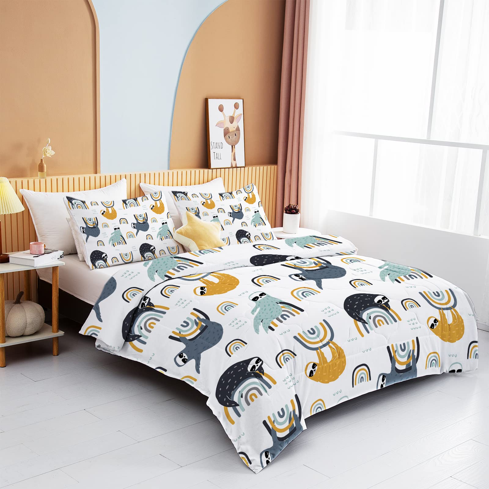 BEDMUST Kids Rainbow Comforter Set - 3 Piece Black & Yellow Animal Print Bedding with 1 Comforter & 2 Pillow Shams | Soft Twin/Full Size Bed Set for Boys & Girls Bedroom Decor