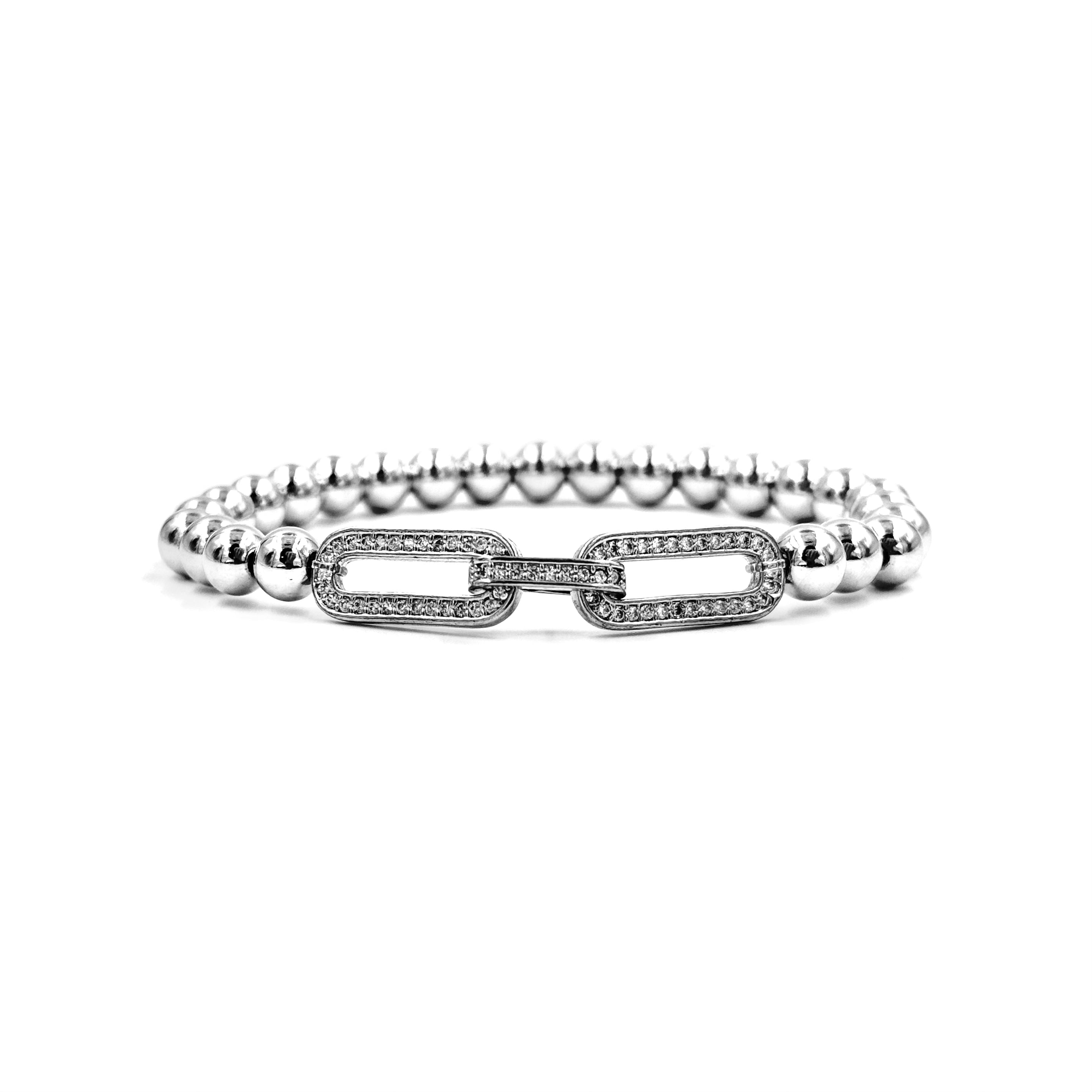 Ashley Gold Stainless Steel 2 CZ Encrusted Link Chain Stretch Beaded Bracelet for Women - Elegant Fashion Jewelry Gift for Birthday, Anniversary & Party