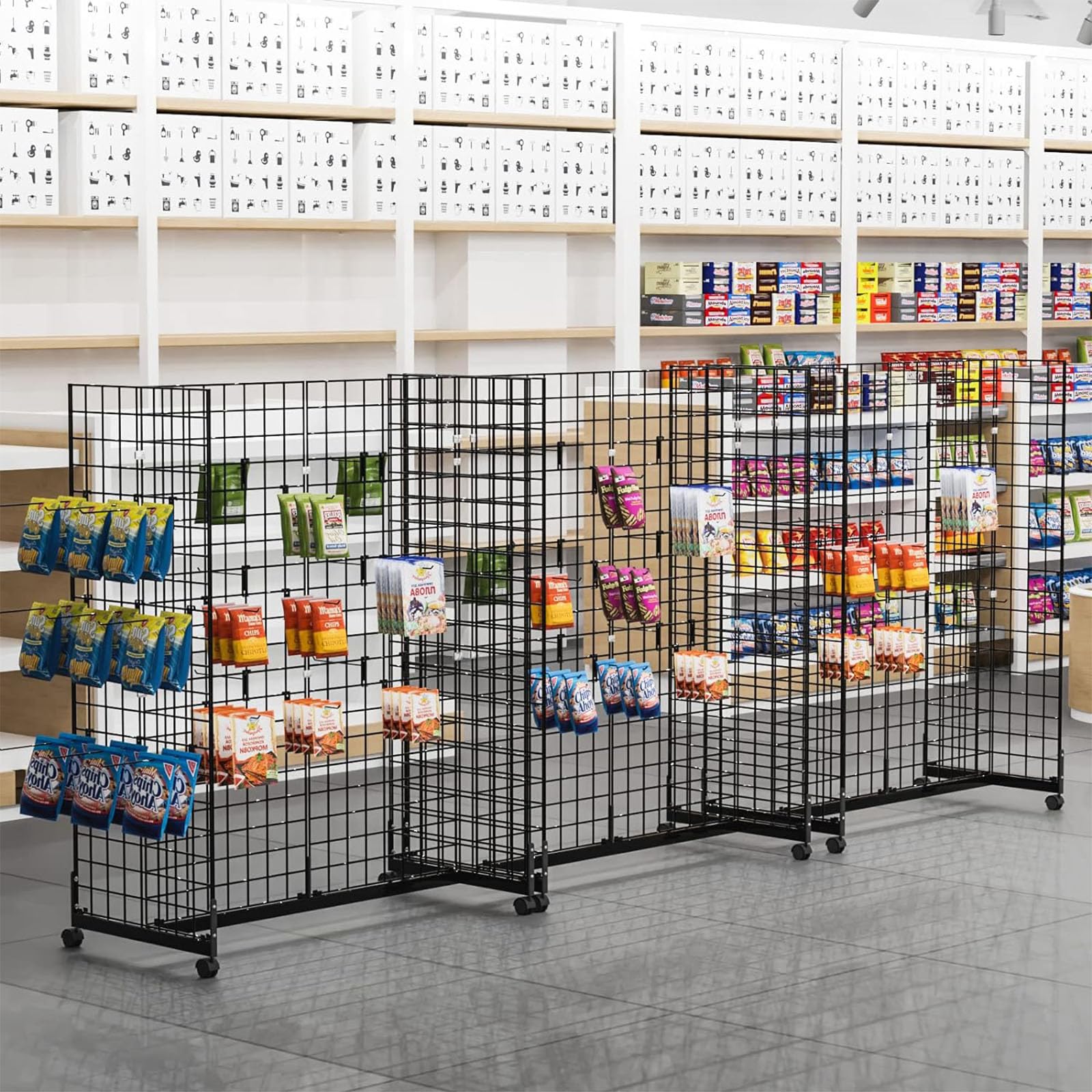 Wire Grid Wall Display Rack with Rolling Base - Adjustable Floor Standing Retail Display Panel for Supermarkets & Shops - Perfect for Art, Clothing, and Product Organization - Includes Extra Hooks for Versatile Merchandising