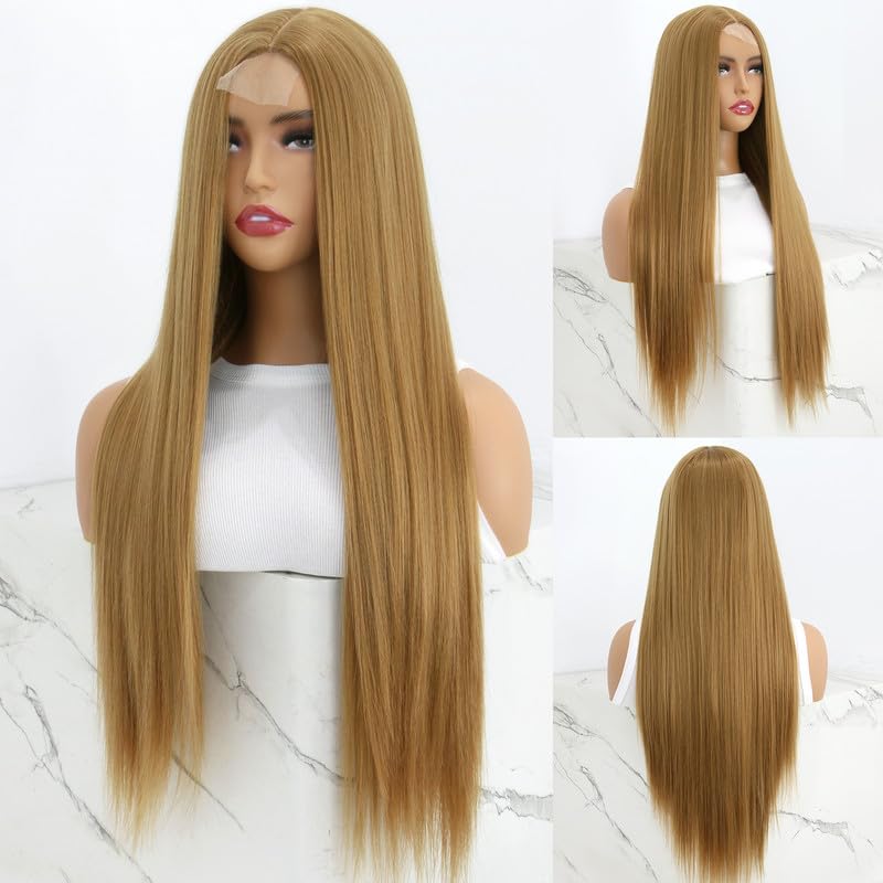 Swetcurly Blonde 24 Inch Lace Front Wig - Heat Resistant Synthetic Straight Hair with Highlight - Glueless Long Wigs for Women | Perfect for Cosplay, Fashion Shows & Daily Styling
