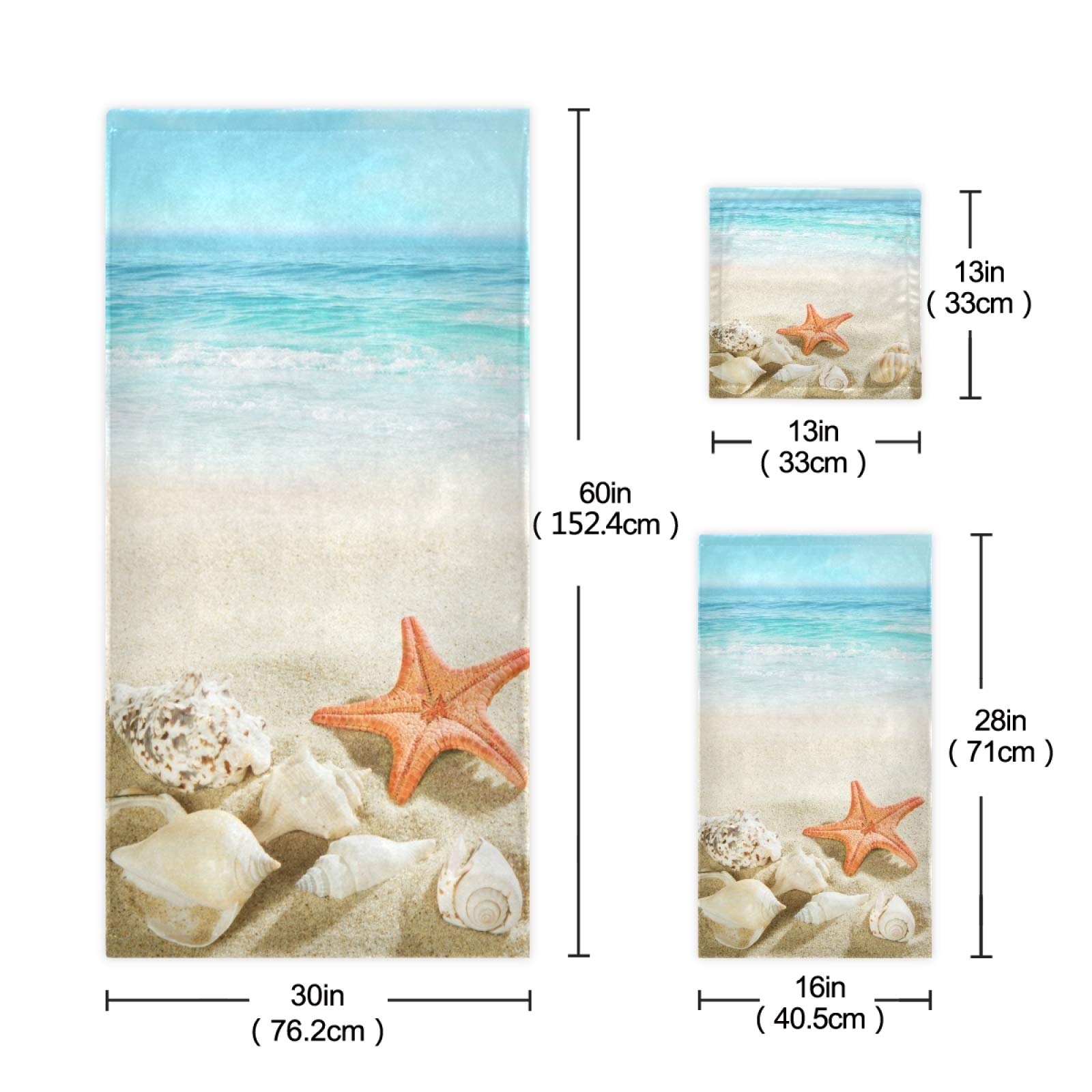 ALAZA Luxury Soft Starfish Seashell Bath Towel Set - 1 Bath Towel, 1 Hand Towel, 1 Washcloth - Decorative Beach Towels for Bathroom, Kitchen, Spa & Summer Vacation - Premium 3-Piece Towel Set for Home & Travel