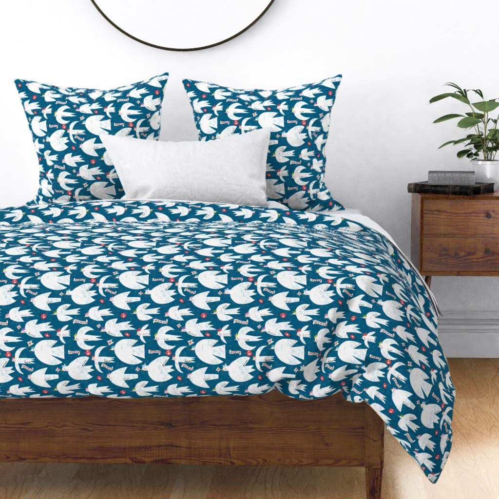 Premium Cotton Sateen Duvet Cover Twin Size - Peace Love Party Hats Holiday Design with Doves, Hearts & Balloons | Christmas Bird Folk Print Custom Bedding for Festive Home Decor & Cozy Bedroom Style