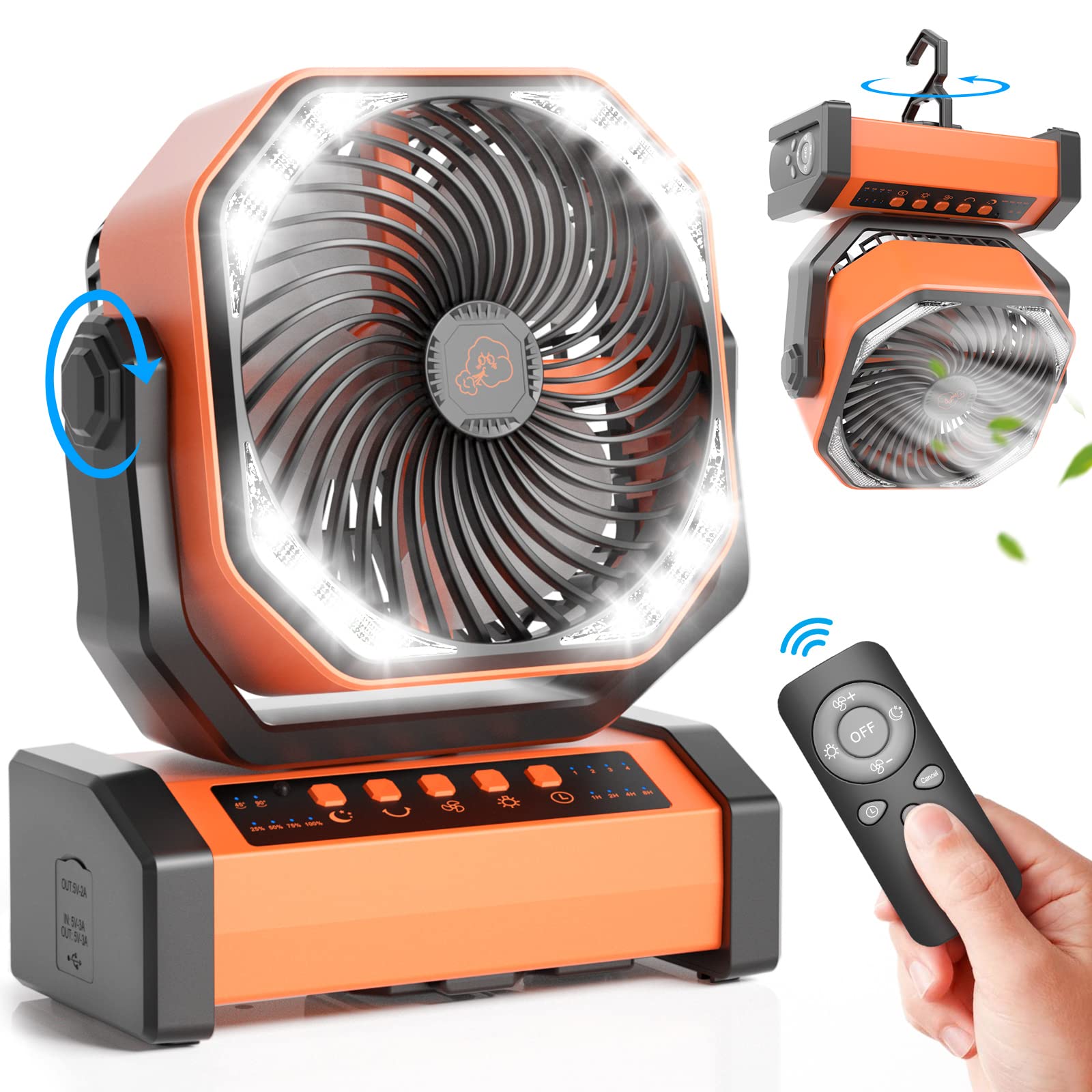 20000mAh Rechargeable Camping Fan with LED Light - Portable Auto-Oscillating Desk Fan with Remote Control & Hook - 4 Speed USB Tent Fan for Outdoor, Travel, Jobsite, Home & Emergency Use