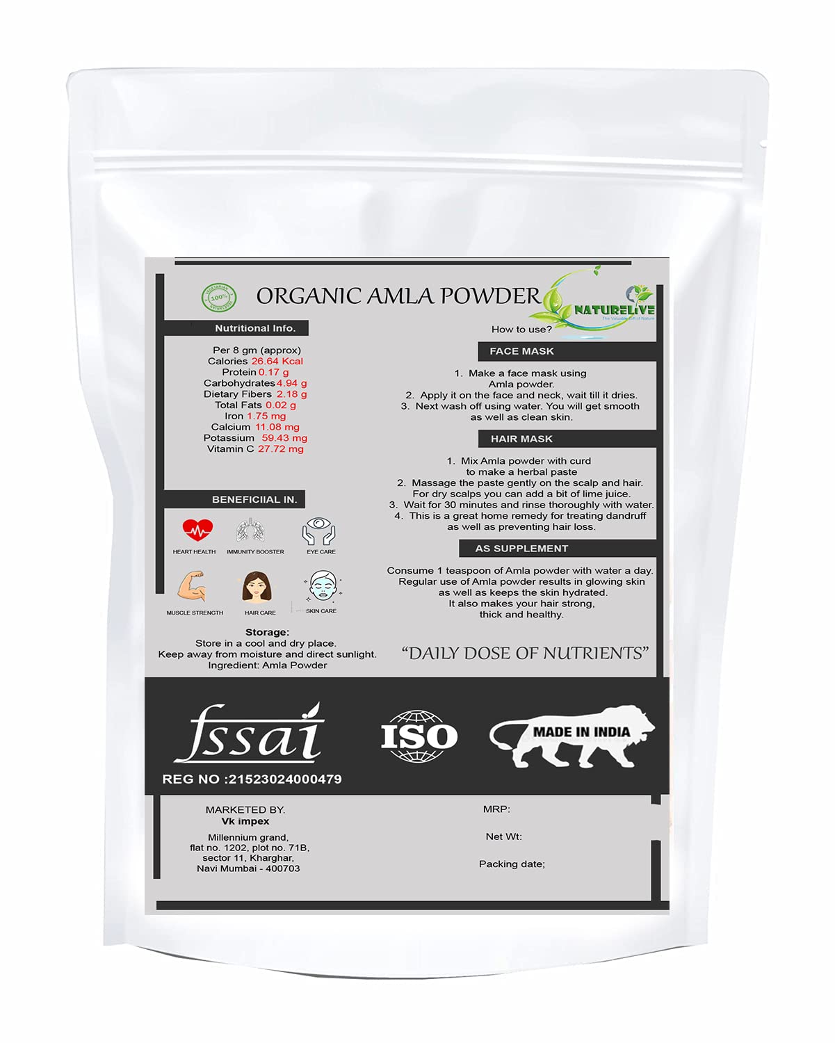 Organic Amla Indian Gooseberry Powder (200g) - Pure Herbal Supplement for Hair Growth, Skin Care & Wellness | Natural Juice Boost | For Drinking, Cooking & Hair Masks | Promotes Strong Hair & Glowing Skin