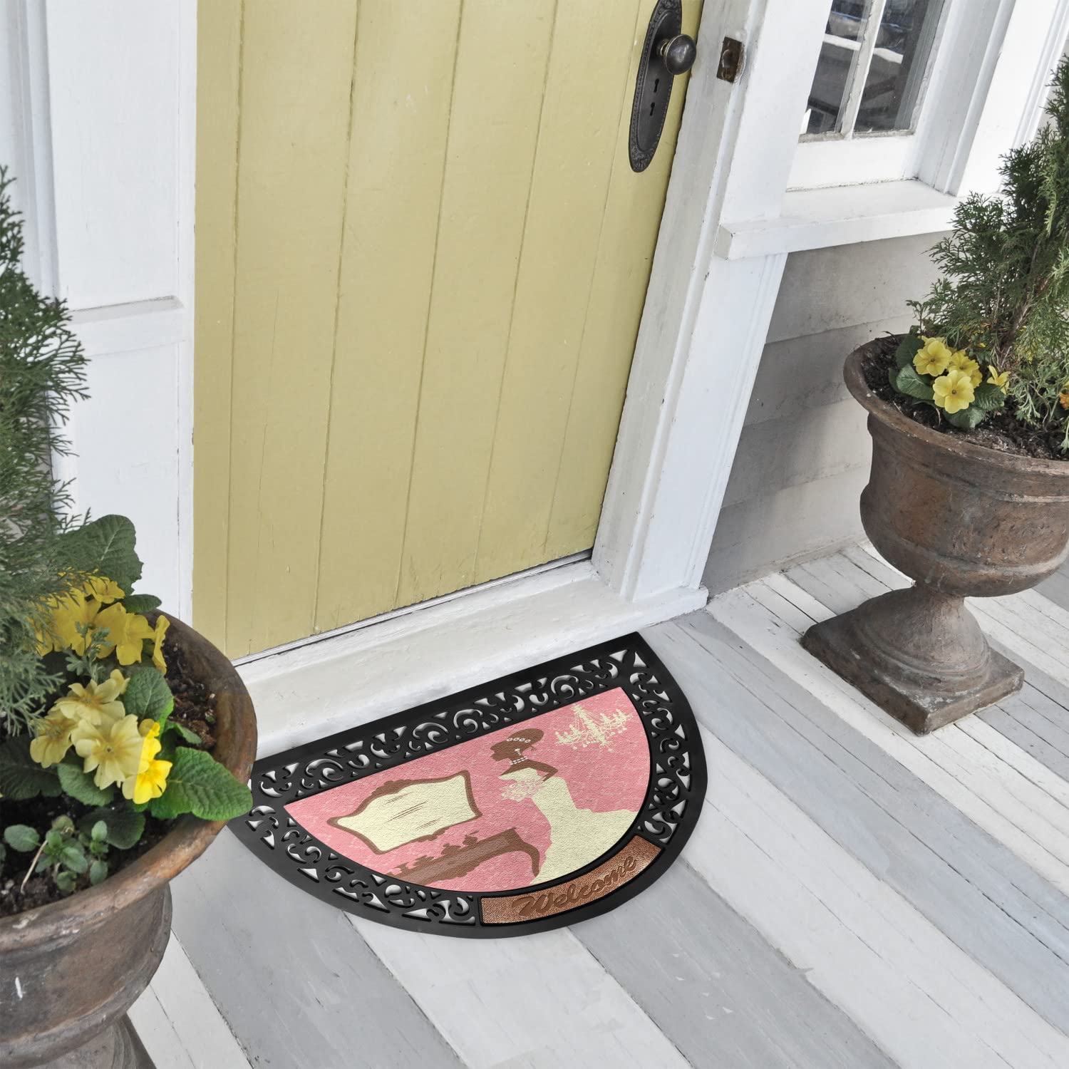 Ambesonne Wedding Doormat Set - 2 Piece Semi-Circle Bridal Shower Welcome Mat with Floral Dress & Vanity Swirl Design, 19.6x31.4 Inches, Coral Brown & White - Perfect for Wedding Entryways, Bridal Showers & Anniversary Celebrations