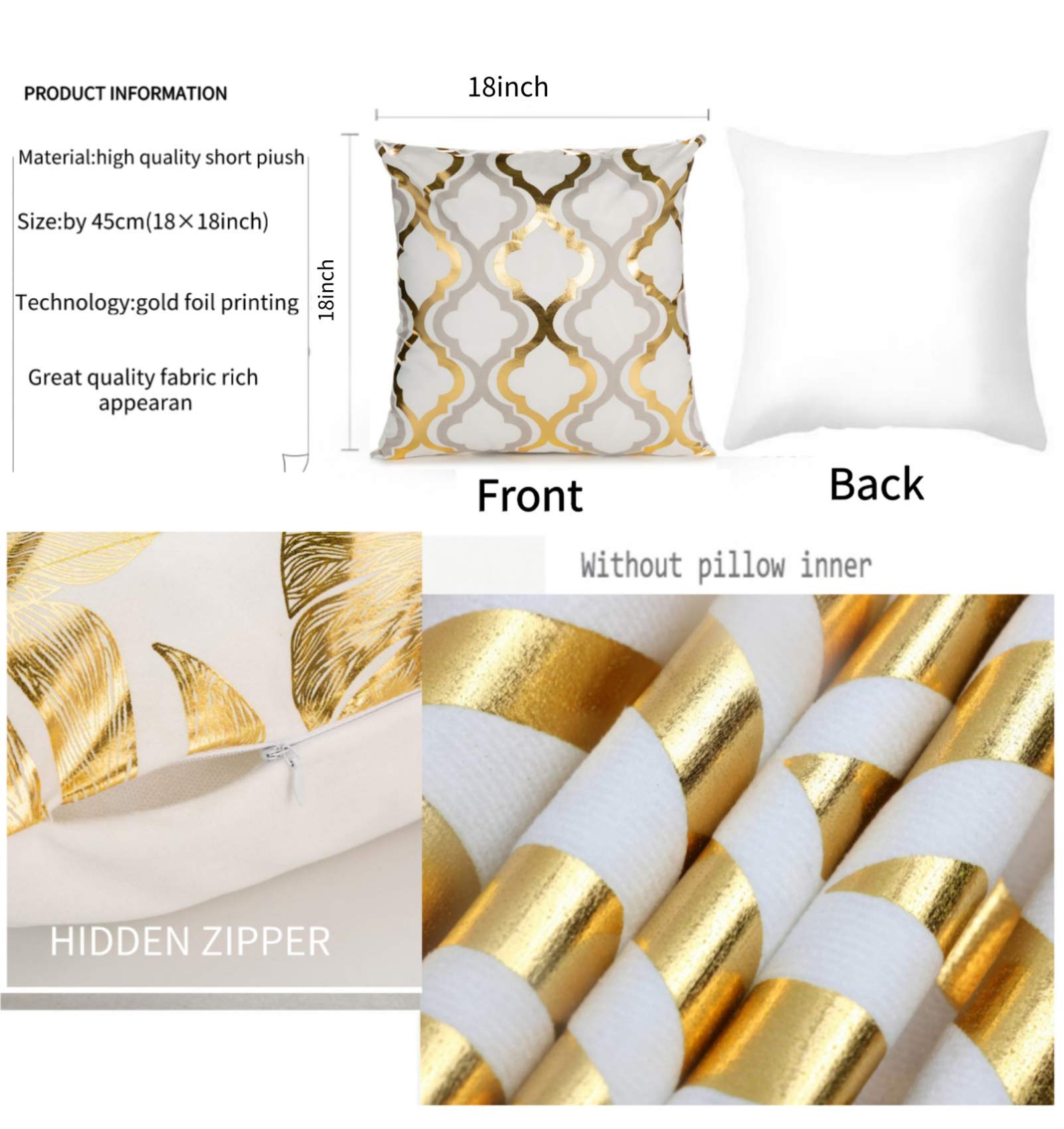 ZLINA Set of 4 18×18 Inch Gold Foil Geometric Throw Pillow Covers - Black White & Gold Square Cushion Covers for Sofa, Couch, Bedroom Decor | Perfect for Living Room, Home Styling and Gift Giving