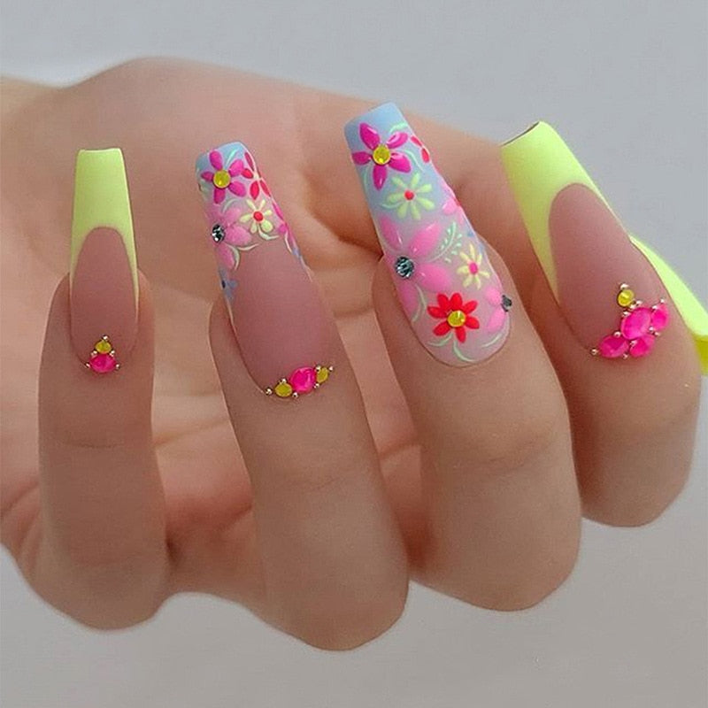 24pcs Long Ballerina False Nails - Summer Rainbow Flower Glitter Press On Nails Set, Full Cover Wearable Nail Tips for Women, Perfect for Parties, Weddings & Special Occasions