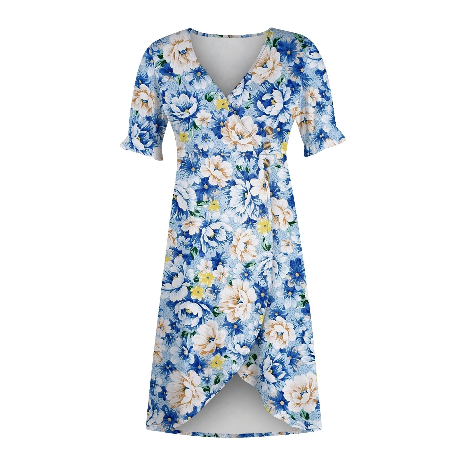 2024 Women's Short Sleeve Ruffle Hem V-Neck Printed Flowy Dress - Elegant Boho Summer Dress for Beach, Party & Casual Wear | Fashionable & Comfortable