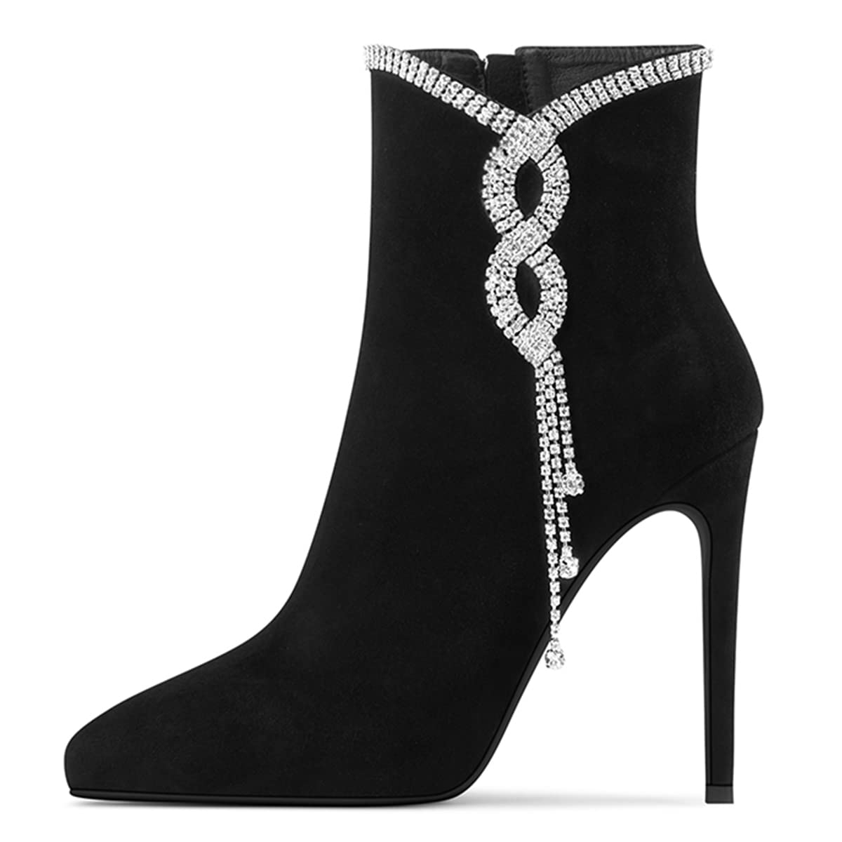 YDN Women's Rhinestone Chain Pointy Toe Stiletto High Heel Ankle Boots - Side Zipper Faux Suede Dress Shoes (US Size 4-15) for Party, Wedding & Formal Occasions