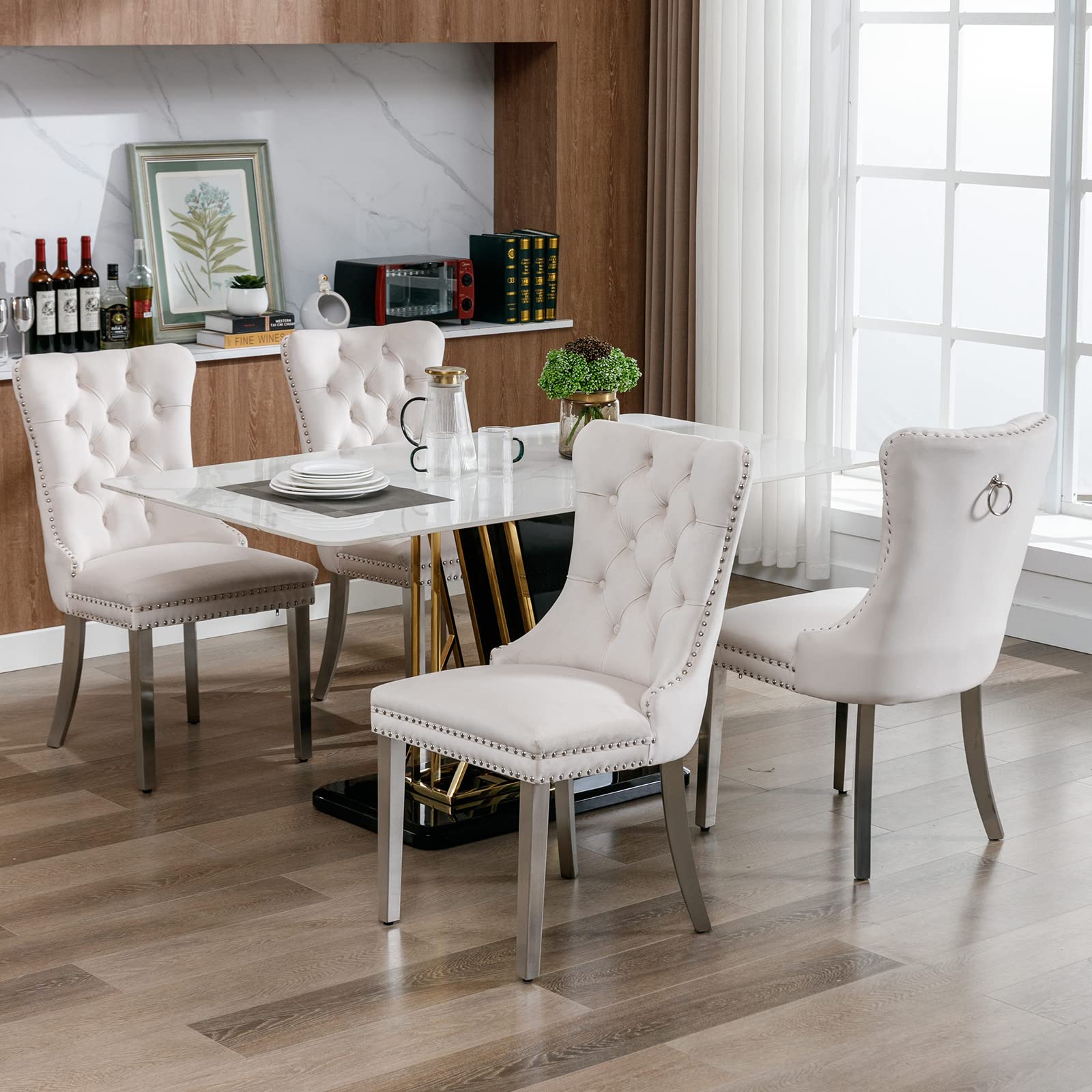 Luxury Velvet Dining Chairs Set of 2 - Tufted Upholstered Kitchen & Dining Room Chairs with Chrome Metal Legs, Beige - Perfect for Modern Home, Restaurant, and Office Decor
