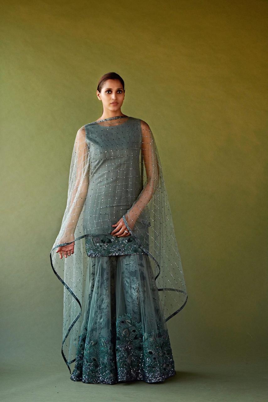 Exquisite Jade Green Pewter Hand-Embellished Kurta, Sharara & Dupatta Set | Traditional Indian Ethnic Wear for Weddings, Festivals & Special Occasions