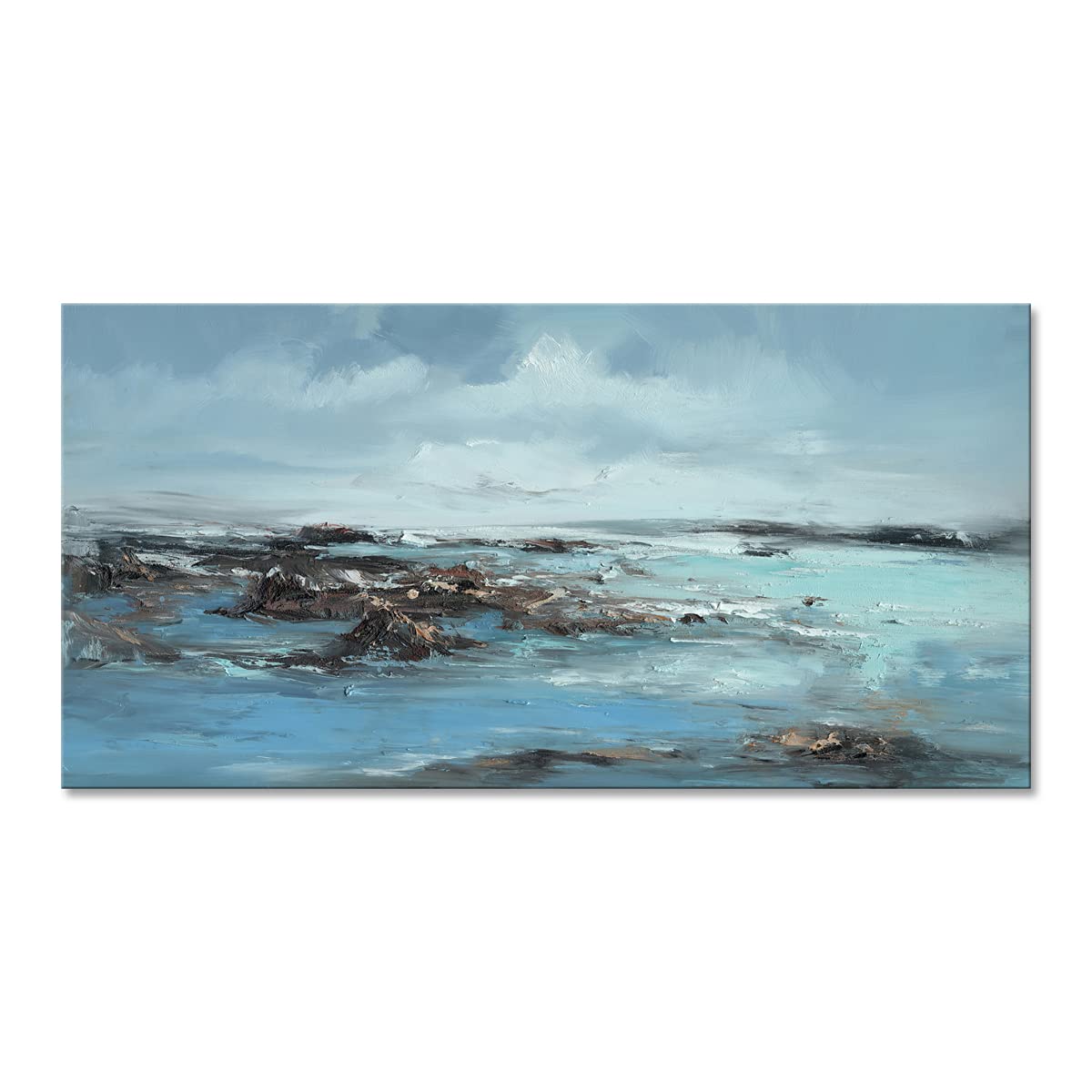 Blue Ocean Wall Art Canvas Painting - Hand Painted Landscape Artwork for Living Room & Bedroom Decor - Coastal Beach Theme Home Office Wall Decor