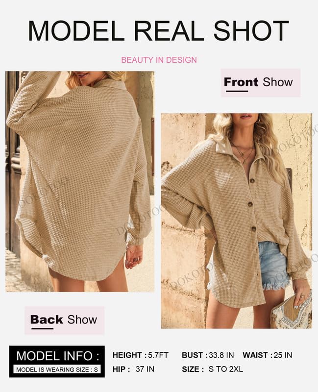 Dokotoo Women's Waffle Knit Shacket Jacket - Casual Long Sleeve Button Down Shirt Blouse for Work & Fall Outfits | Stylish Layering Top for Office, Date Night & Weekend Wear
