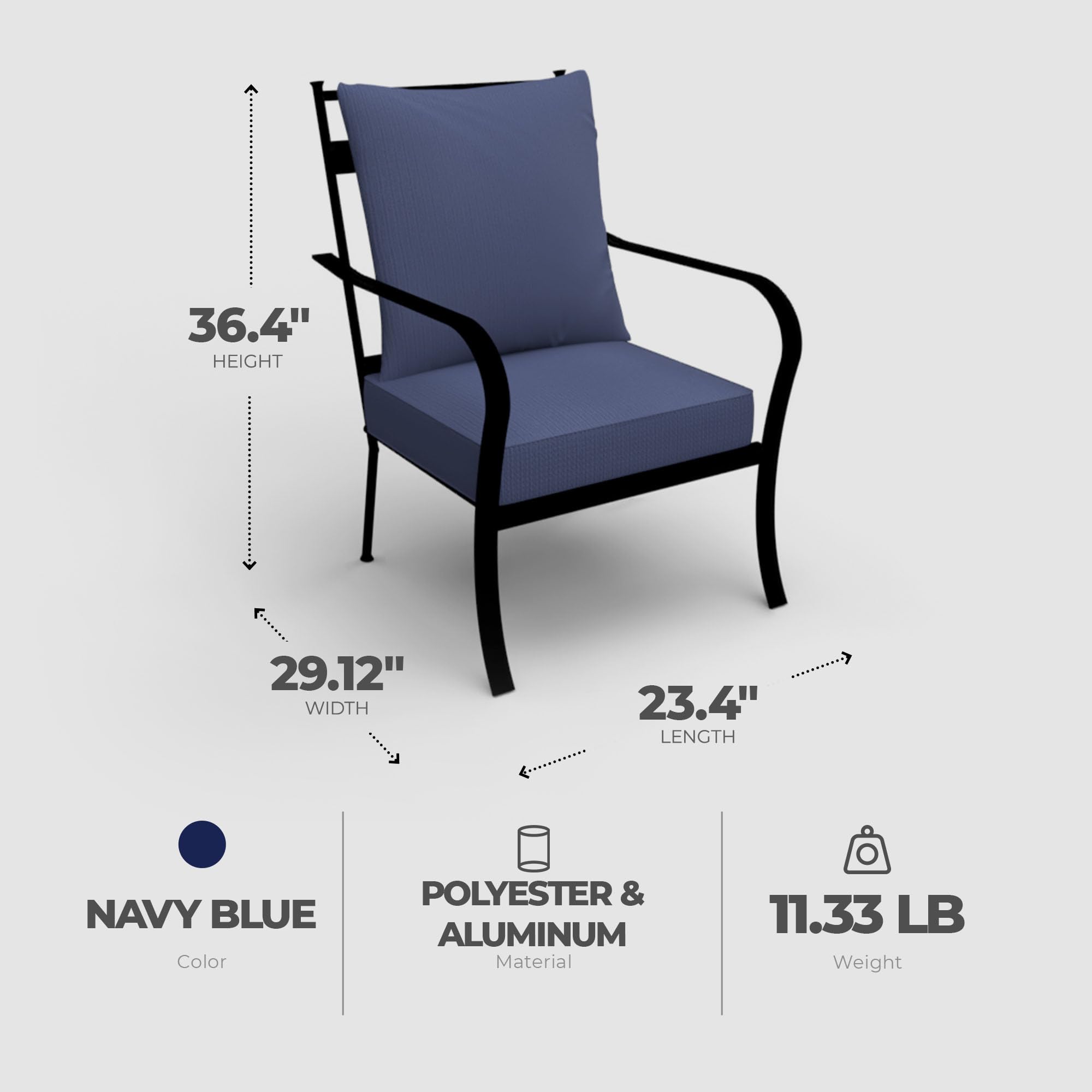 Canmore Captain Outdoor Patio Arm Chairs 4-Pack - Durable Aluminum Frame with Comfortable Olefin Cushions - Blue Backyard Furniture Set for Poolside, Garden & Deck Relaxation