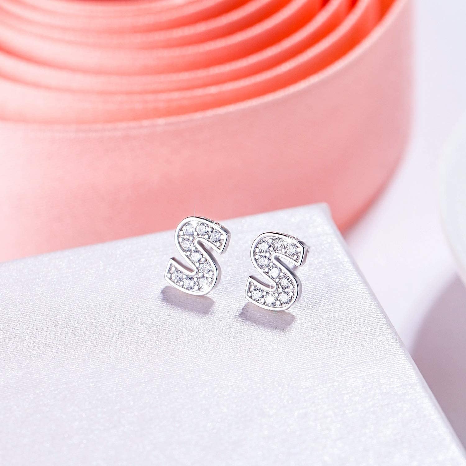 EVER FAITH Initial Earrings - 925 Sterling Silver Tiny Alphabet Letter Stud Earrings with White Cubic Zirconia for Women | Hypoallergenic Jewelry for Sensitive Ears | Perfect Gift for Birthday, Anniversary & Everyday Wear