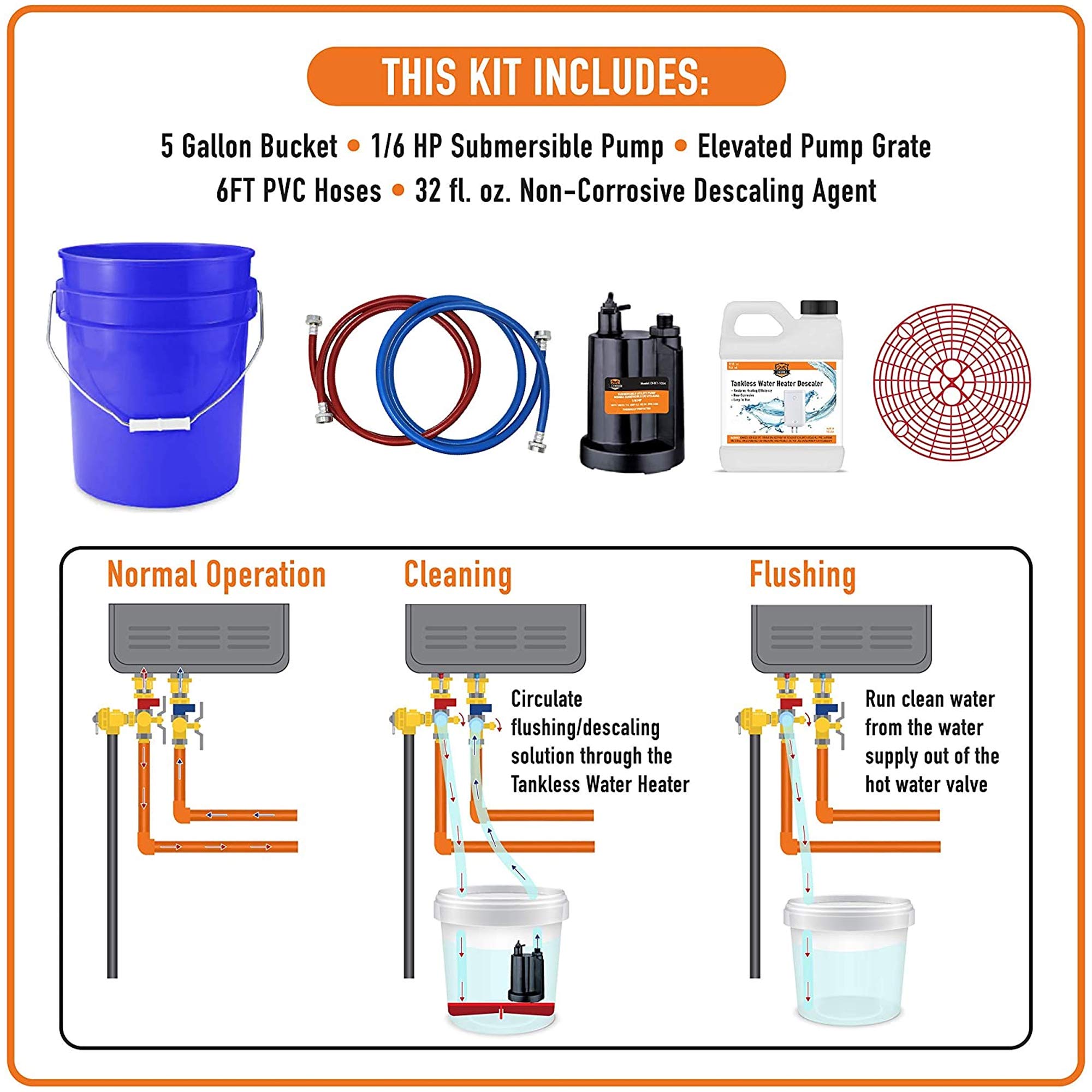 Chromex Tankless Water Heater Flush Kit - 12 Ft Extra Long Hoses with Certified Liquid Descaling Solution & 1/6HP High-Power Pump | For RV, Home, and Commercial Use | Easy Maintenance & Descaling