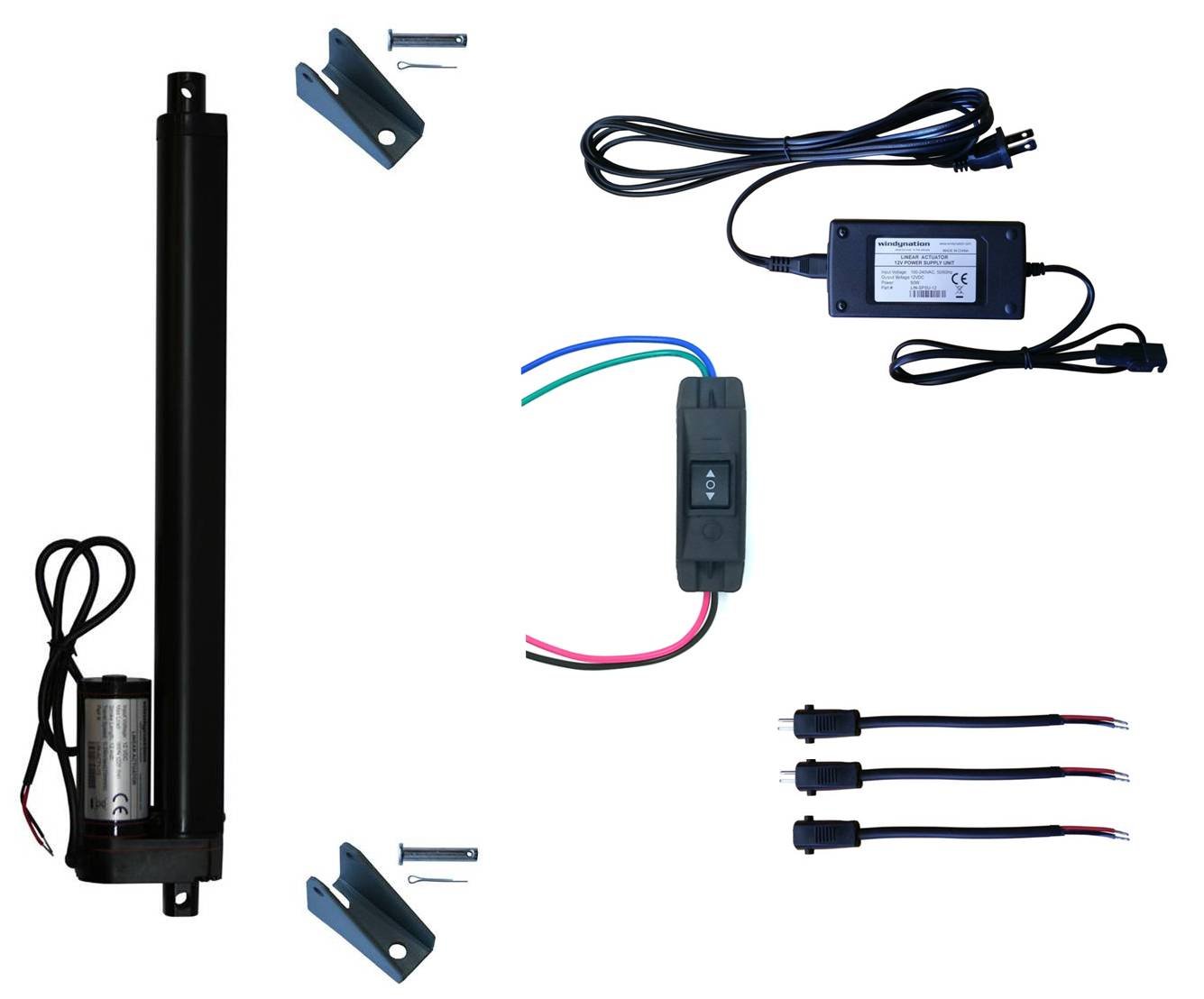 WindyNation 12V Linear Actuator Kit with Power Supply, DPDT Switch, Mounting Brackets & Connectors - 12 Inch Stroke, Momentary Control - Perfect for Home Automation, RV Adjustments, and Industrial Machinery