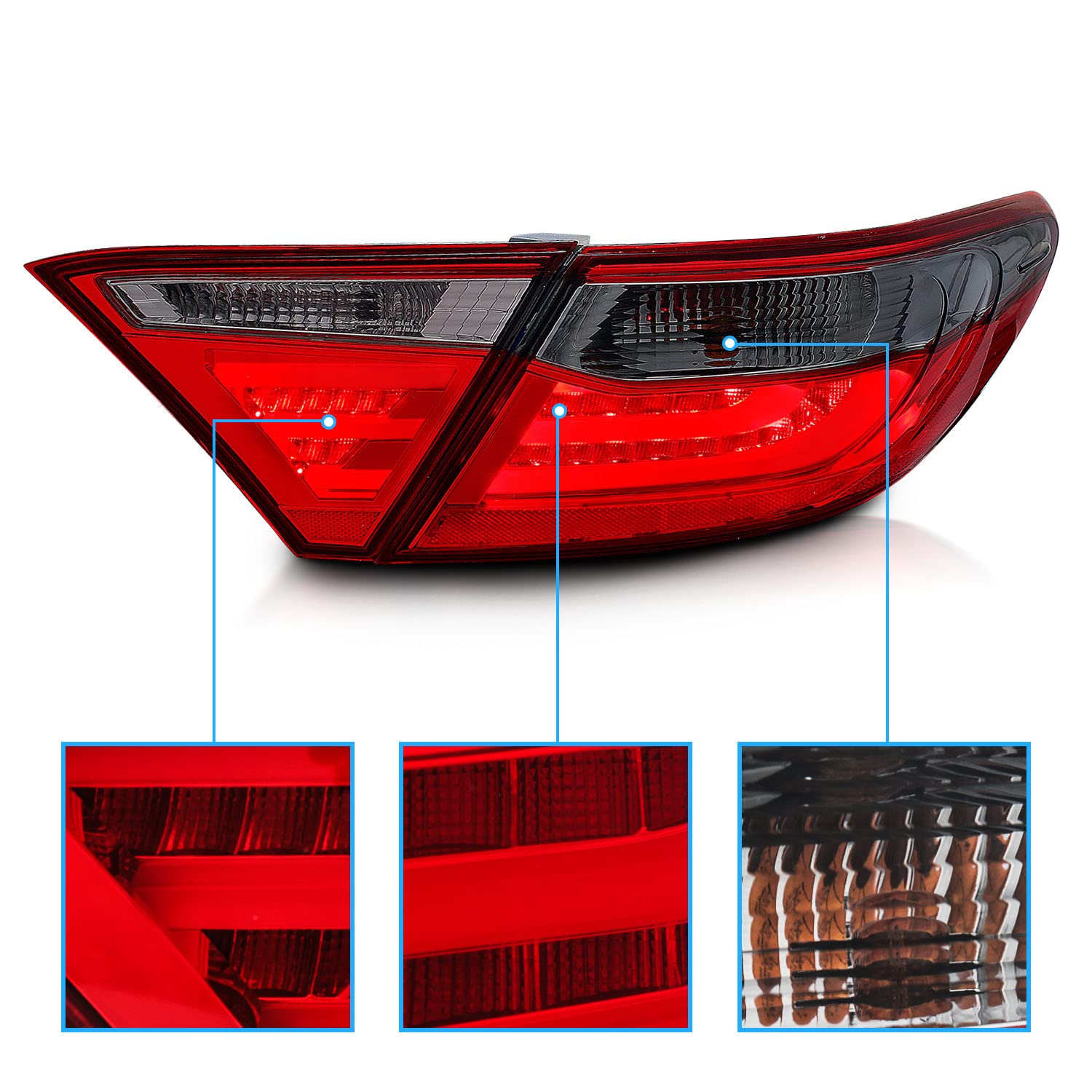AmeriLite Red Smoke LED Parking Light Bar & Brake Tail Lights Pair - Compatible with 2015-2016 Toyota Camry 4-Door Sedan | Enhanced Visibility & Style for Night Driving & Custom Car Mods